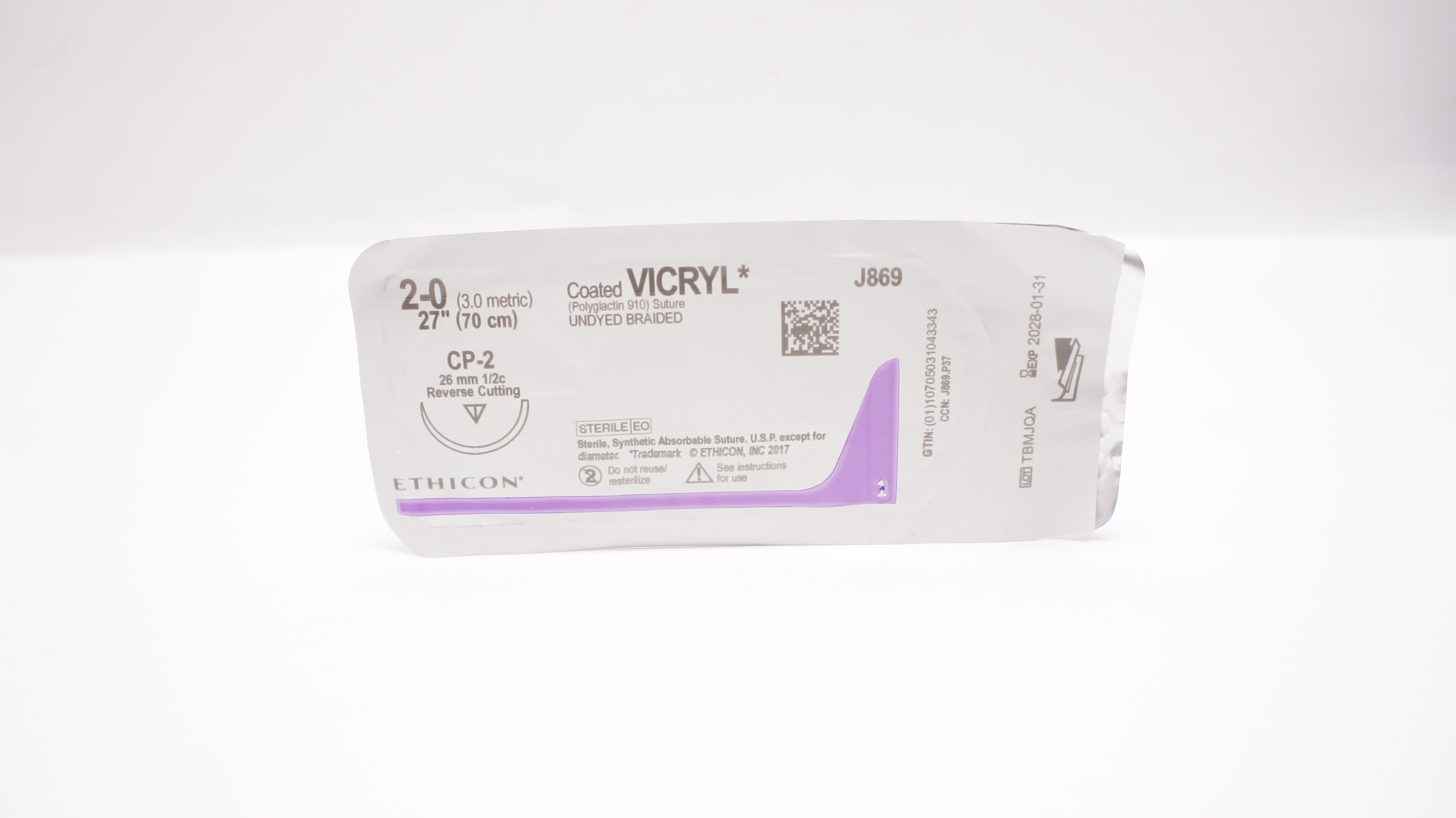 Ethicon J869 2-0 Coated Vicryl Stre CP-2 26mm 1/2c Reverse Cutting, 27inch