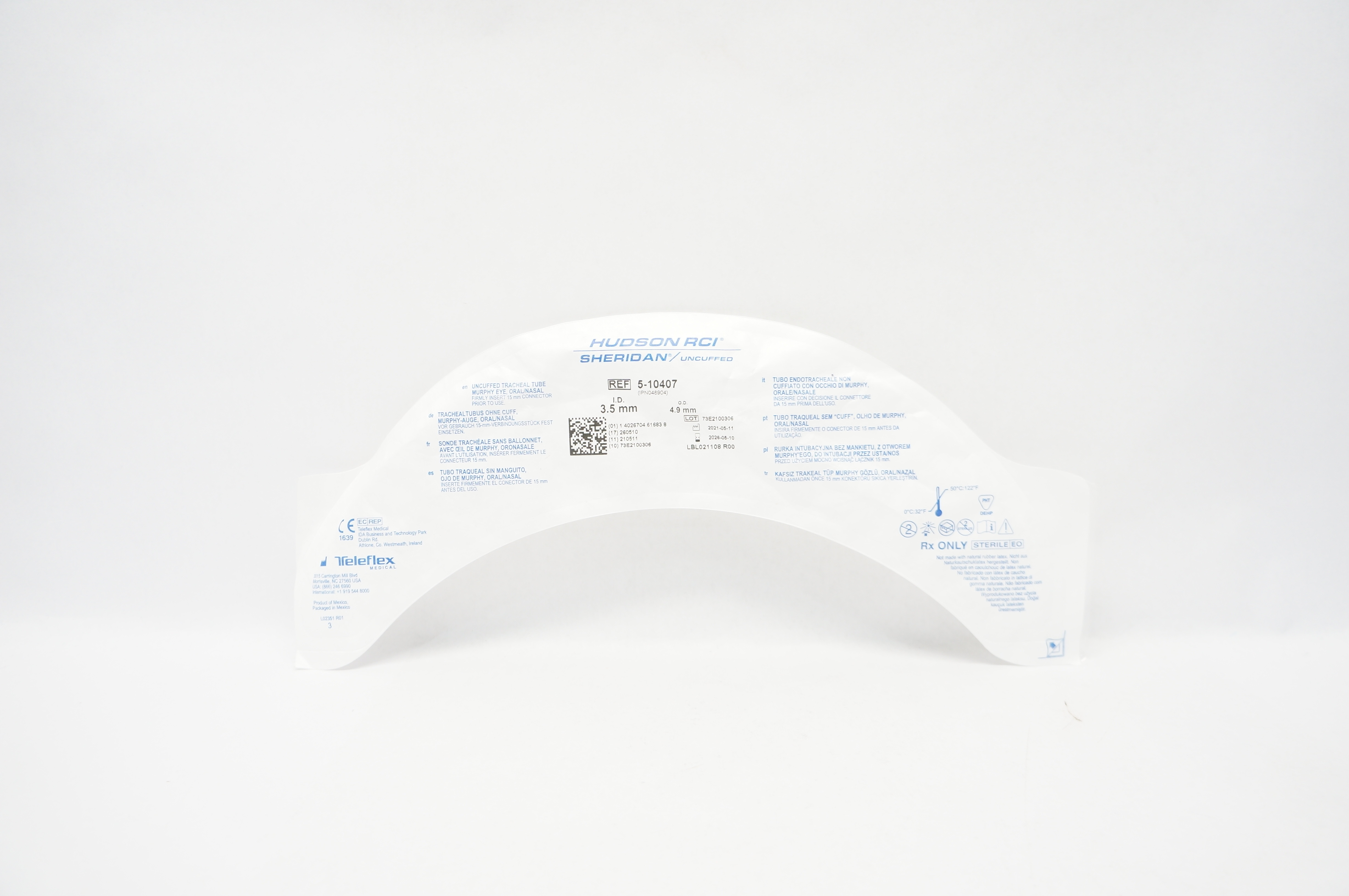 Teleflex 5-10407 Hudson RCI Sheridan Tracheal Tube Uncuffed 3.5mm ID x 4.9mm OD