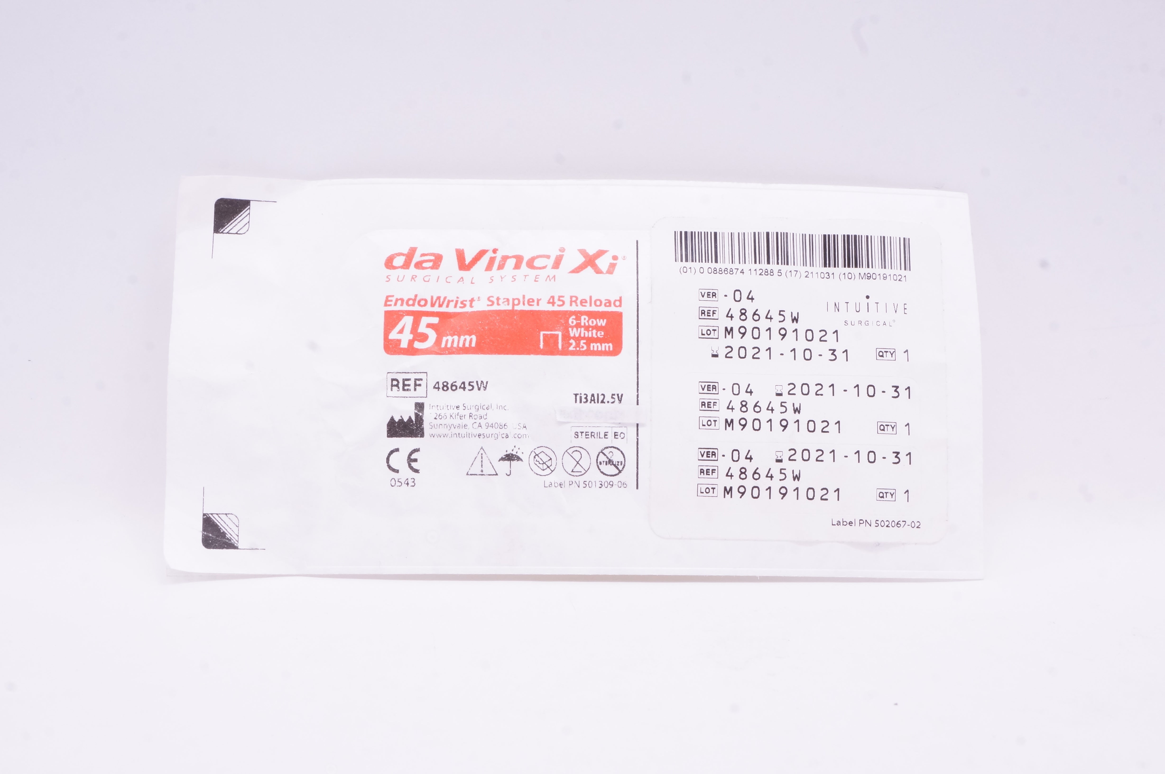 Da Vinci 48645W Institutive Surgical EndoWrist Stapler Reload 6-Row White 45mm