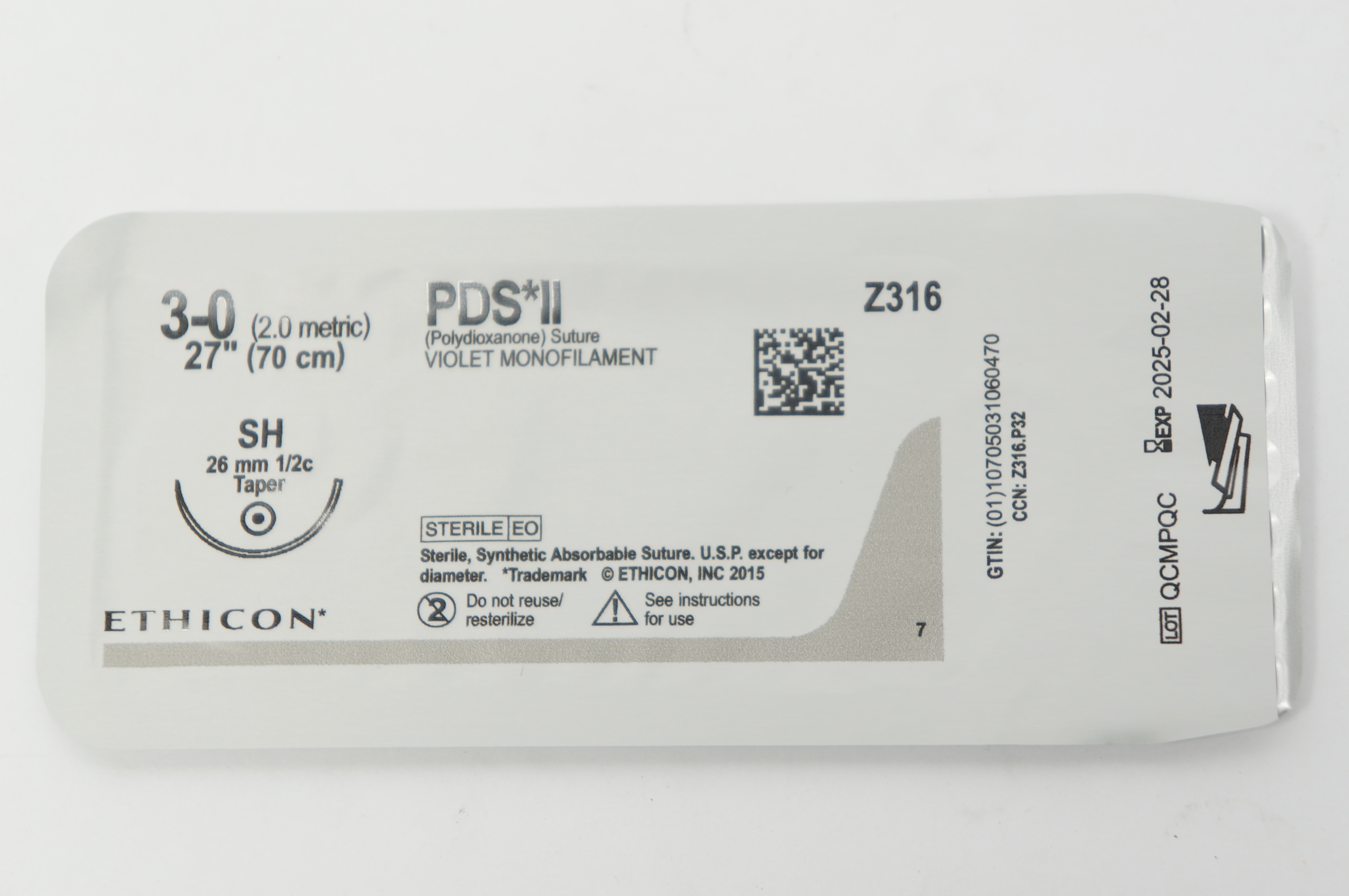 Ethicon Z316 3-0 PDS II Violet Monofilament Stre SH 26mm 1/2c Taper 27inch