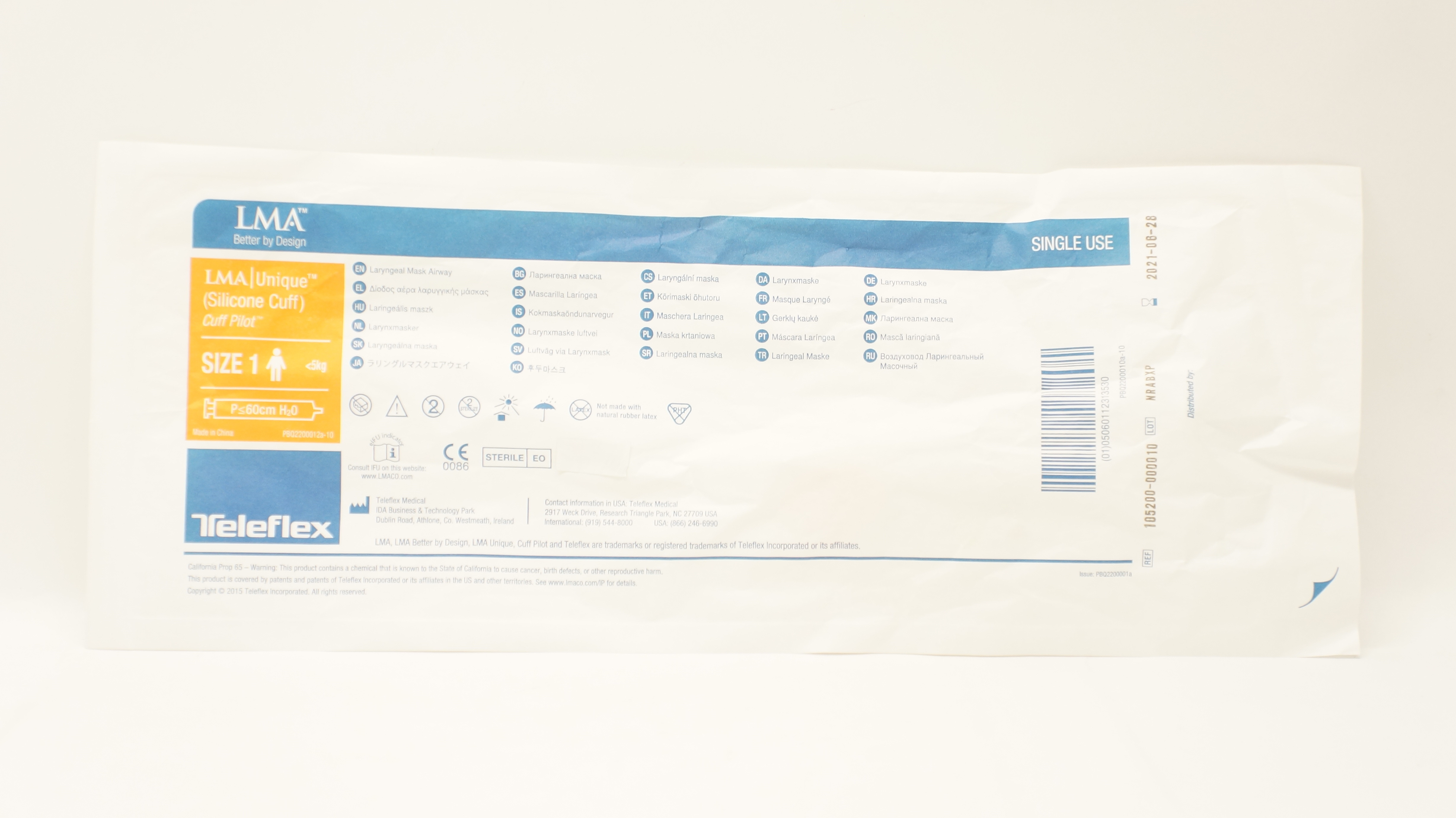 Teleflex 105200-000010 LMA Unique Cuff Pilot Laryngeal Mask Airway Size 1<5kg(x)