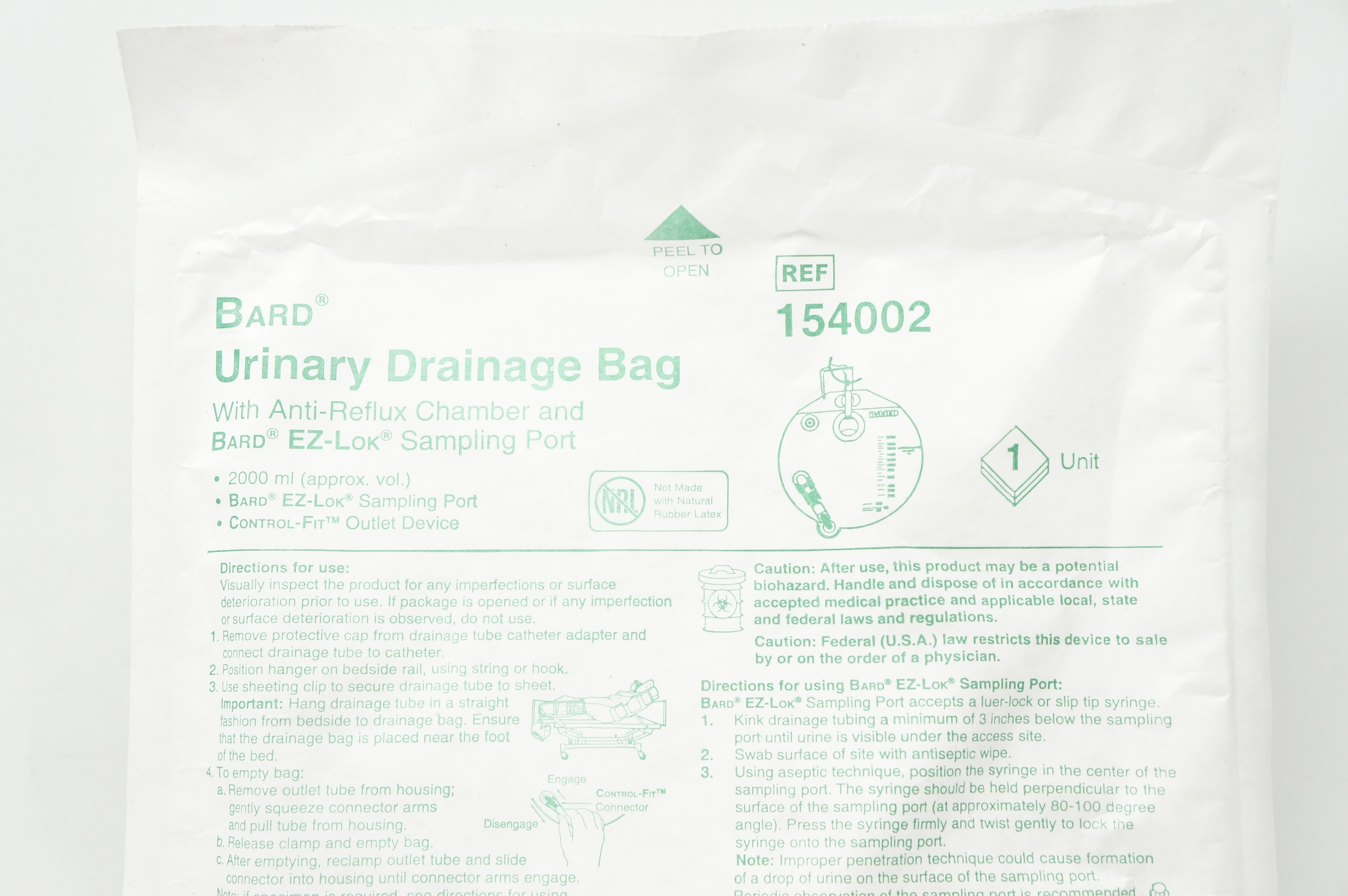 Bard 154002 Urinary Drainage Bag with Anti-Reflux Chamber & Sampling Port 2000ml