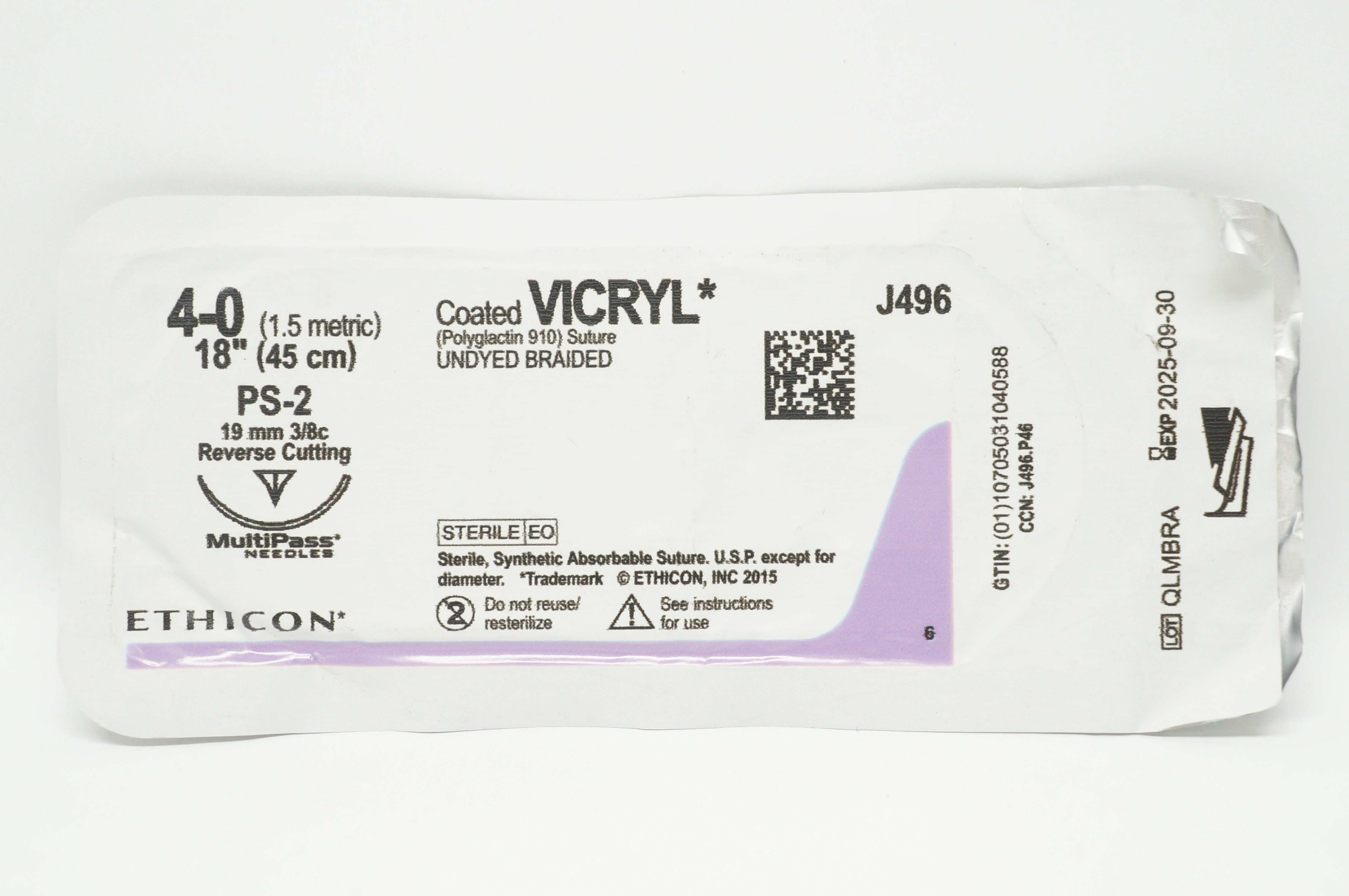 Vicral Rack Ethicon J496 4-0 Coated VICRYL Stre PS-2 19mm 3/8c Reverse Cutting, 18inch