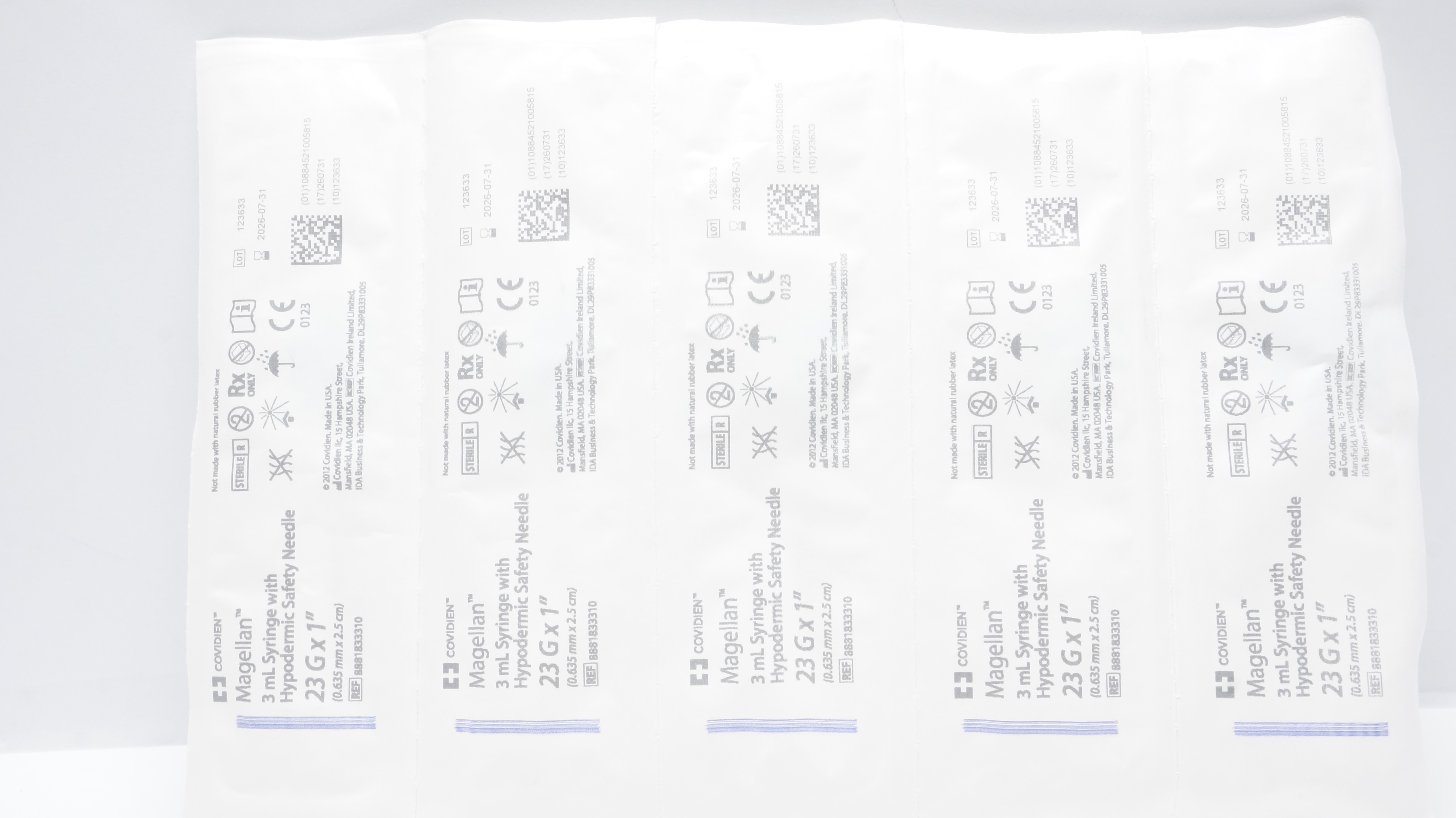 Covidien 8881833310 Magellan 3mL Syringe W/Safety Ndle 23G x 1Inch - Lot of 5