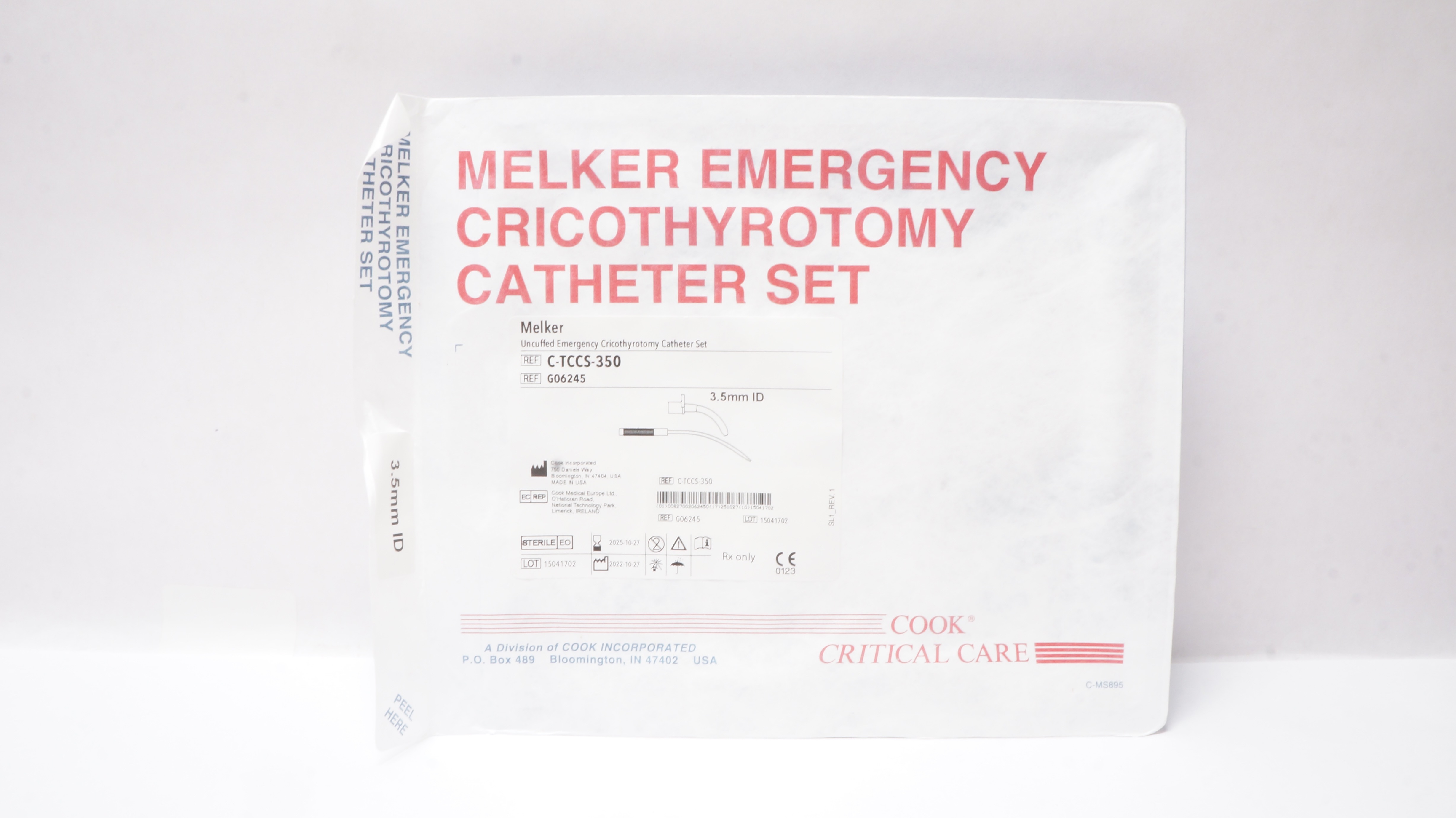 Cook G06245 Melker Uncuffed Emergency Cricothyrotomy Cath. Set 3.5mm ID