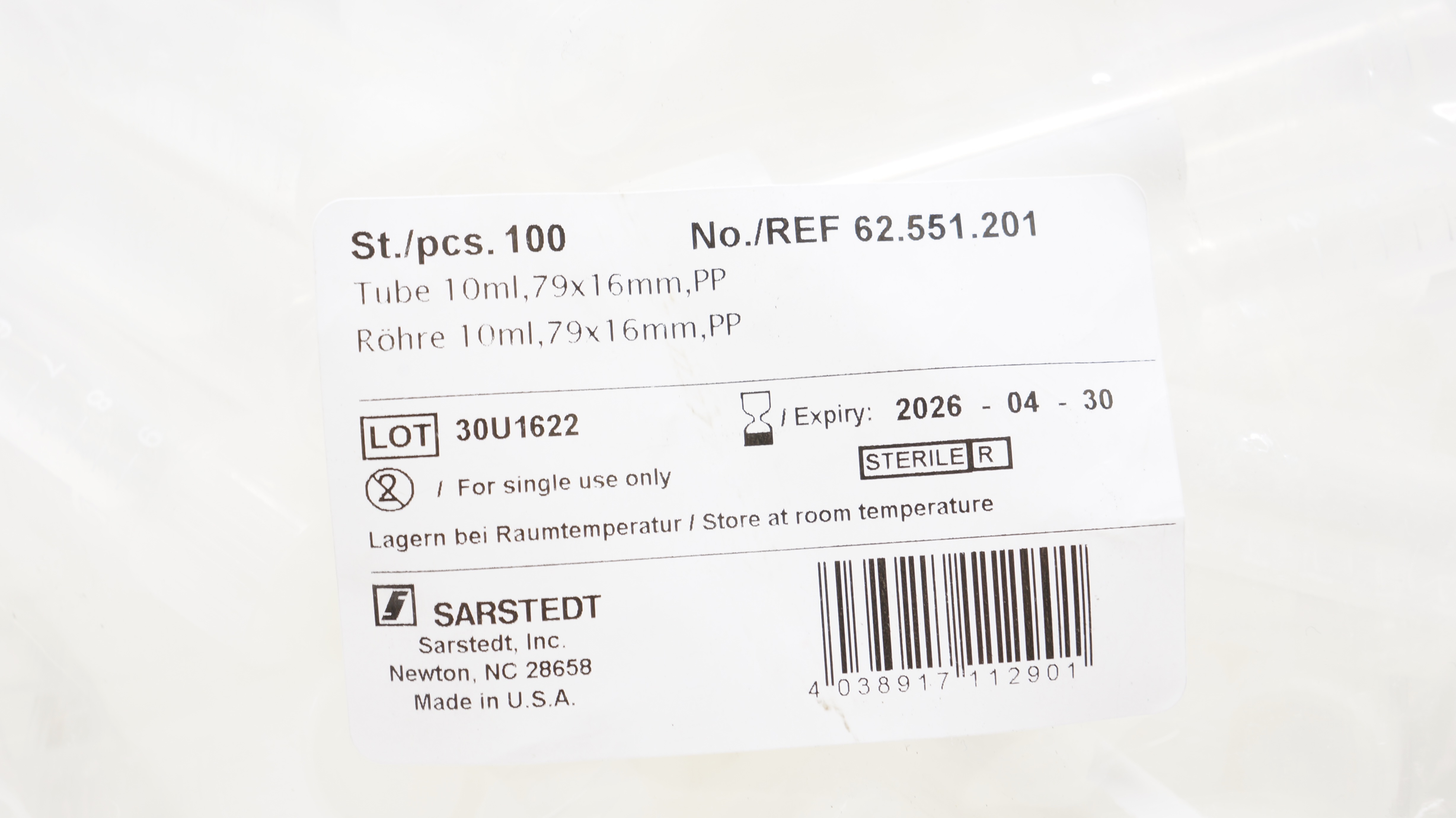 Sarstedt 62.551.201 Tube 10ml, 79 x 16mm PP Pack of 100