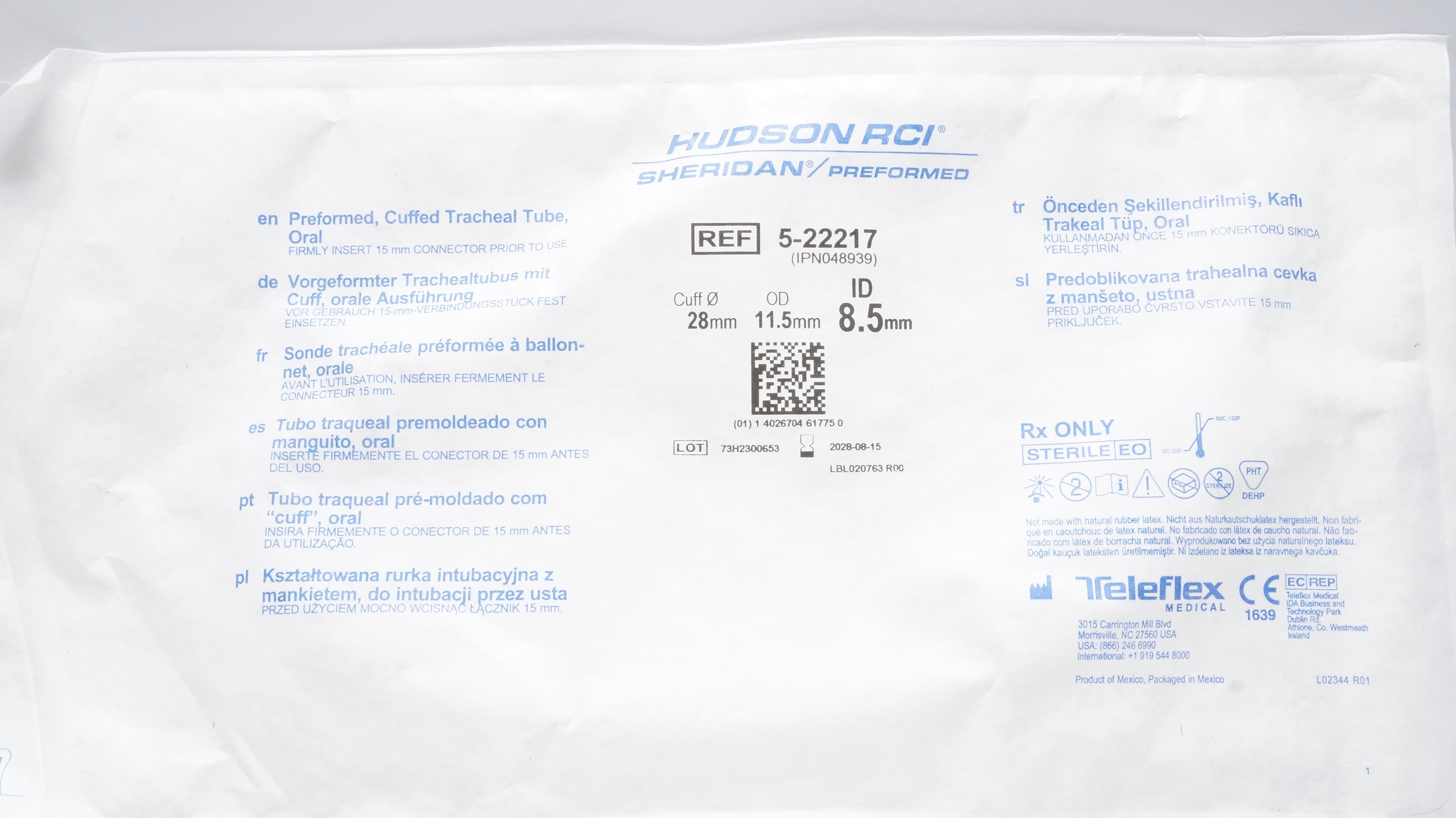 Teleflex 5-22217 Hudson RCI Sheridan Oral Tracheal Tube 8.5ID x 11.5OD x 28mm