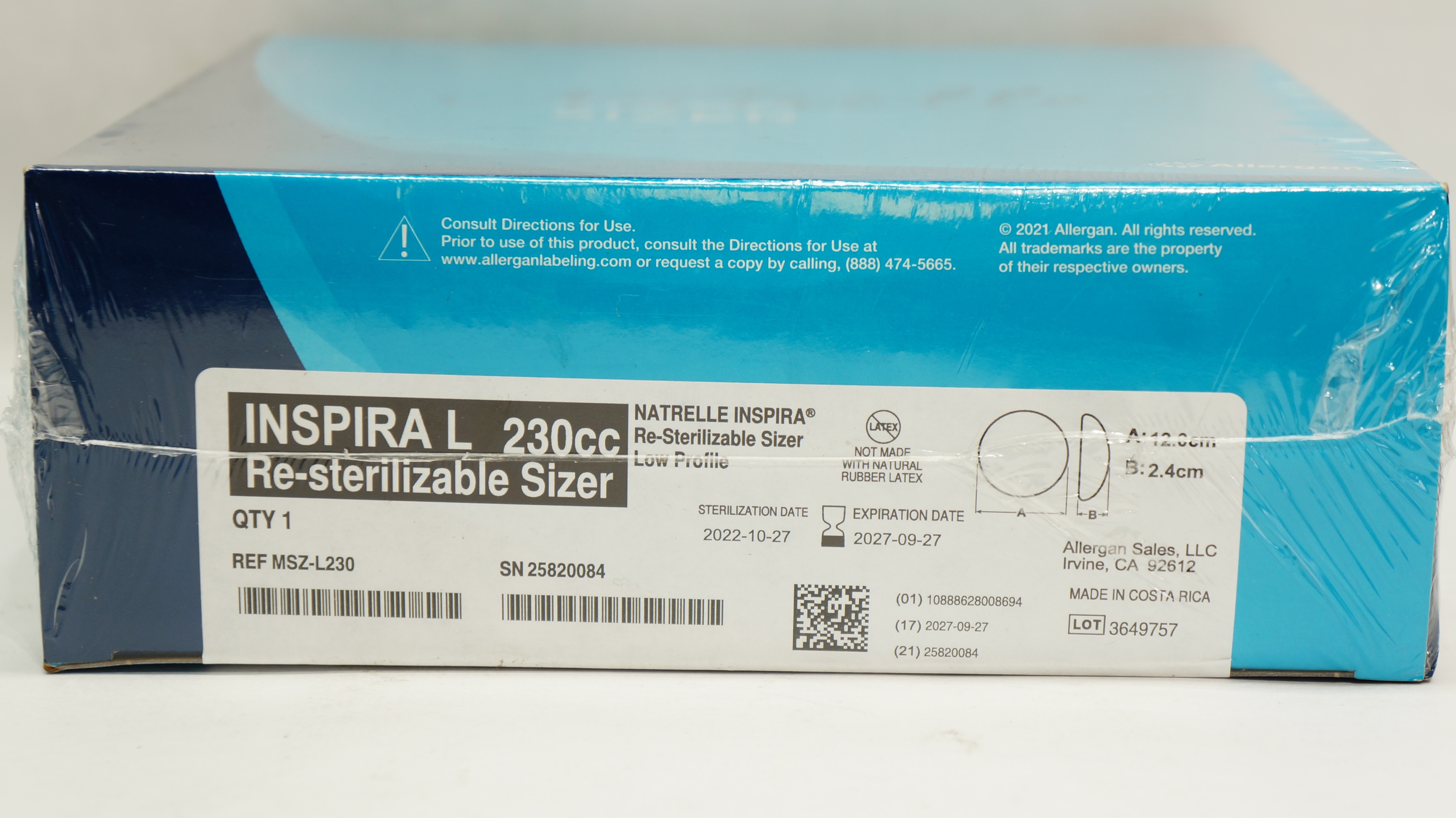 Allergan MSZL230 Natrelle Inspira ReSterilizable Sizer 12.0cm x 2.4cm