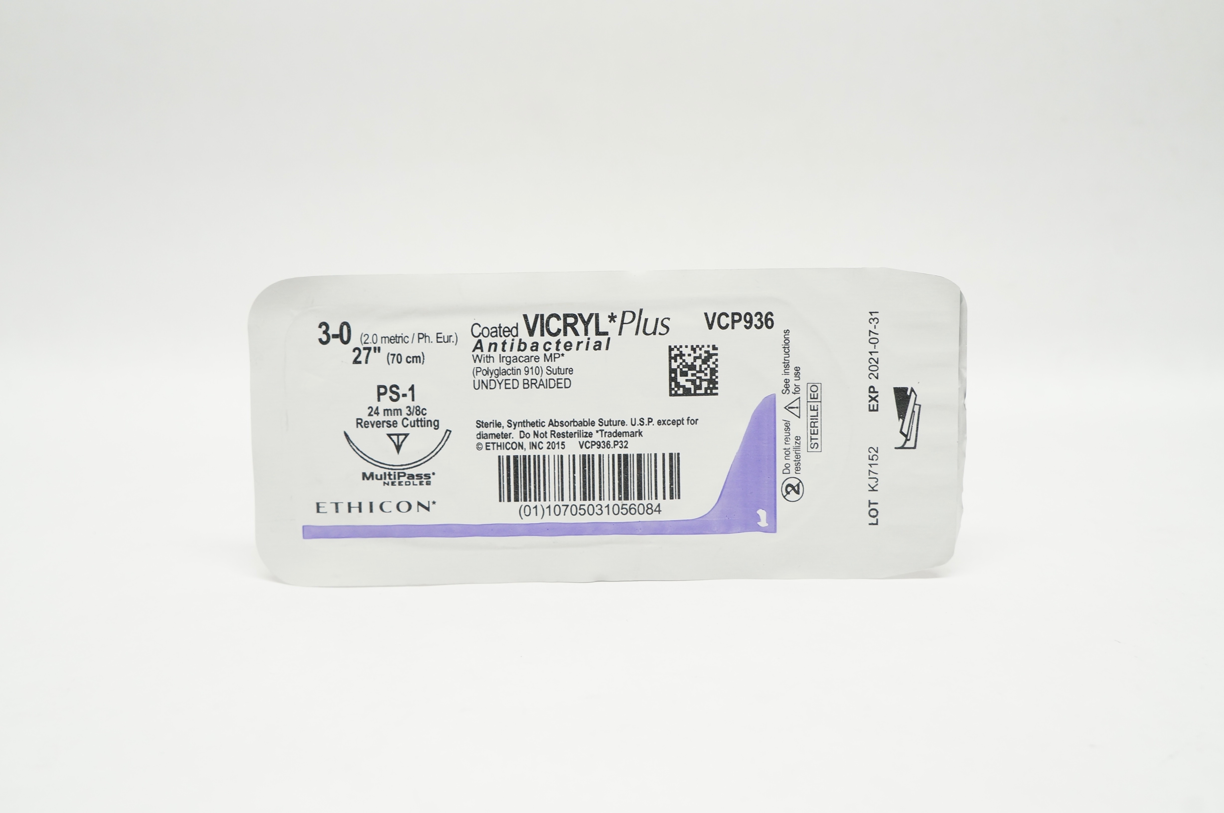 Ethicon VCP936 3-0 Vicryl Plus PS-1 24mm 3/8c Reverse Cutting 27inch (x)