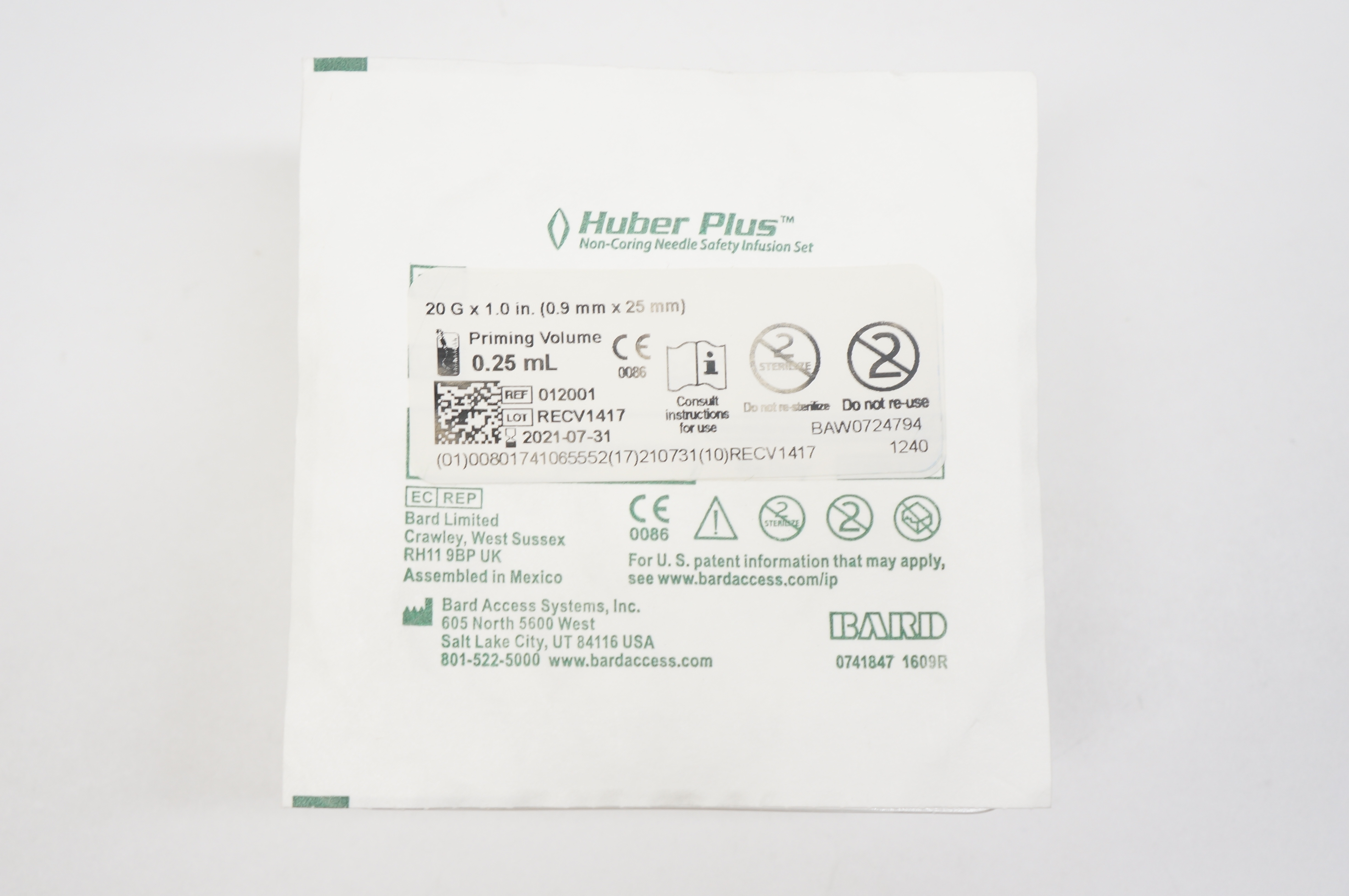 Bard 012001 Huber Plus Non-Coring Ndle Safety Infusion Set 20G x 1inch