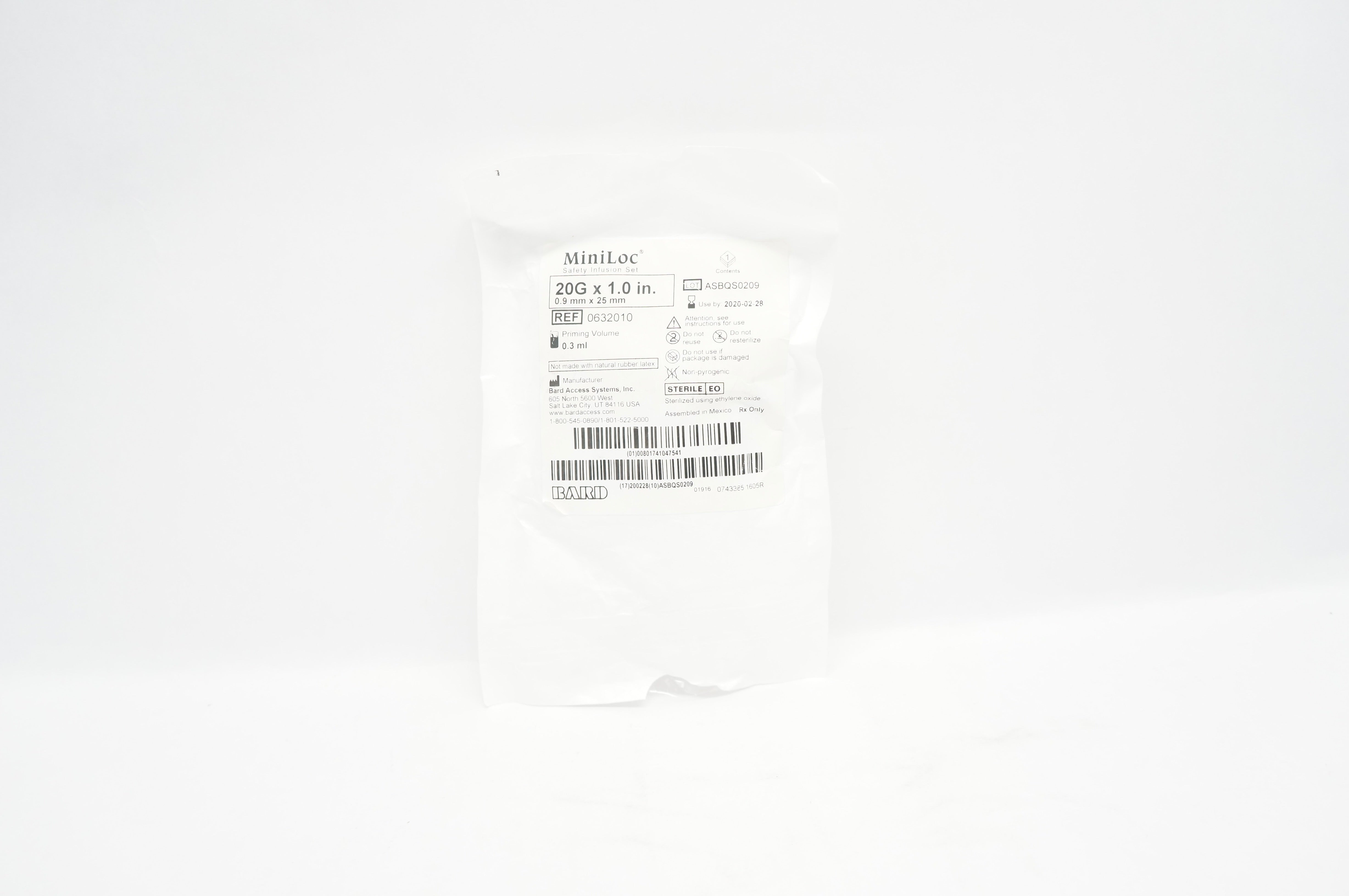 Bard 0632010 MiniLoc Safety Infusion Set 20G x 1.0inch, Priming Volume 0.3mL (x)