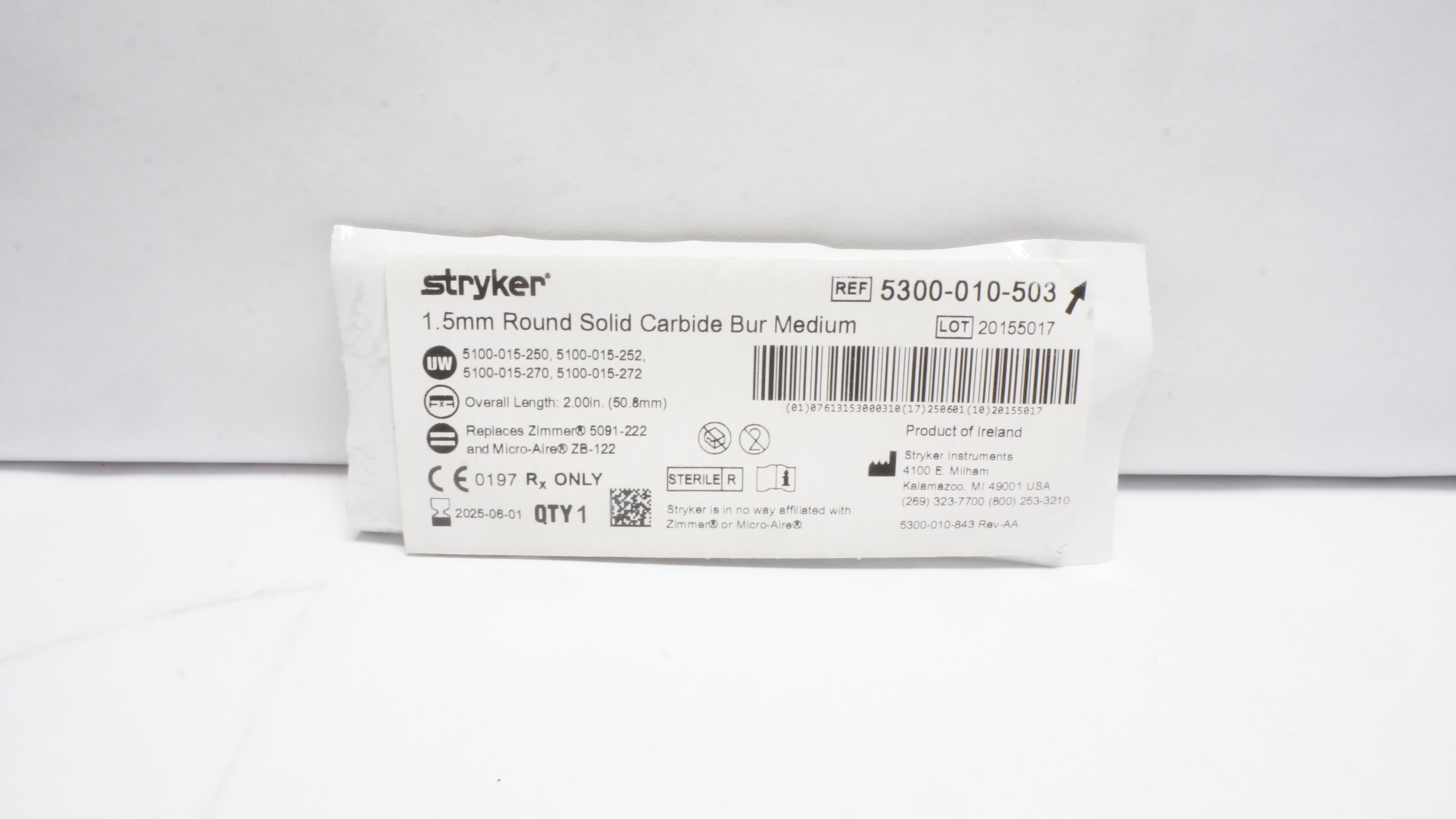Stryker 5300-010-503 1.5mm Round Solid Carbide Bur Medium (x)
