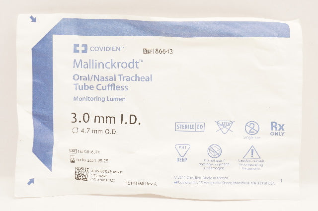Covidien 86643 Mallinckrodt Oral/Nasal Tracheal Tube Cuffless 3.0mm x 4.7mm (x)