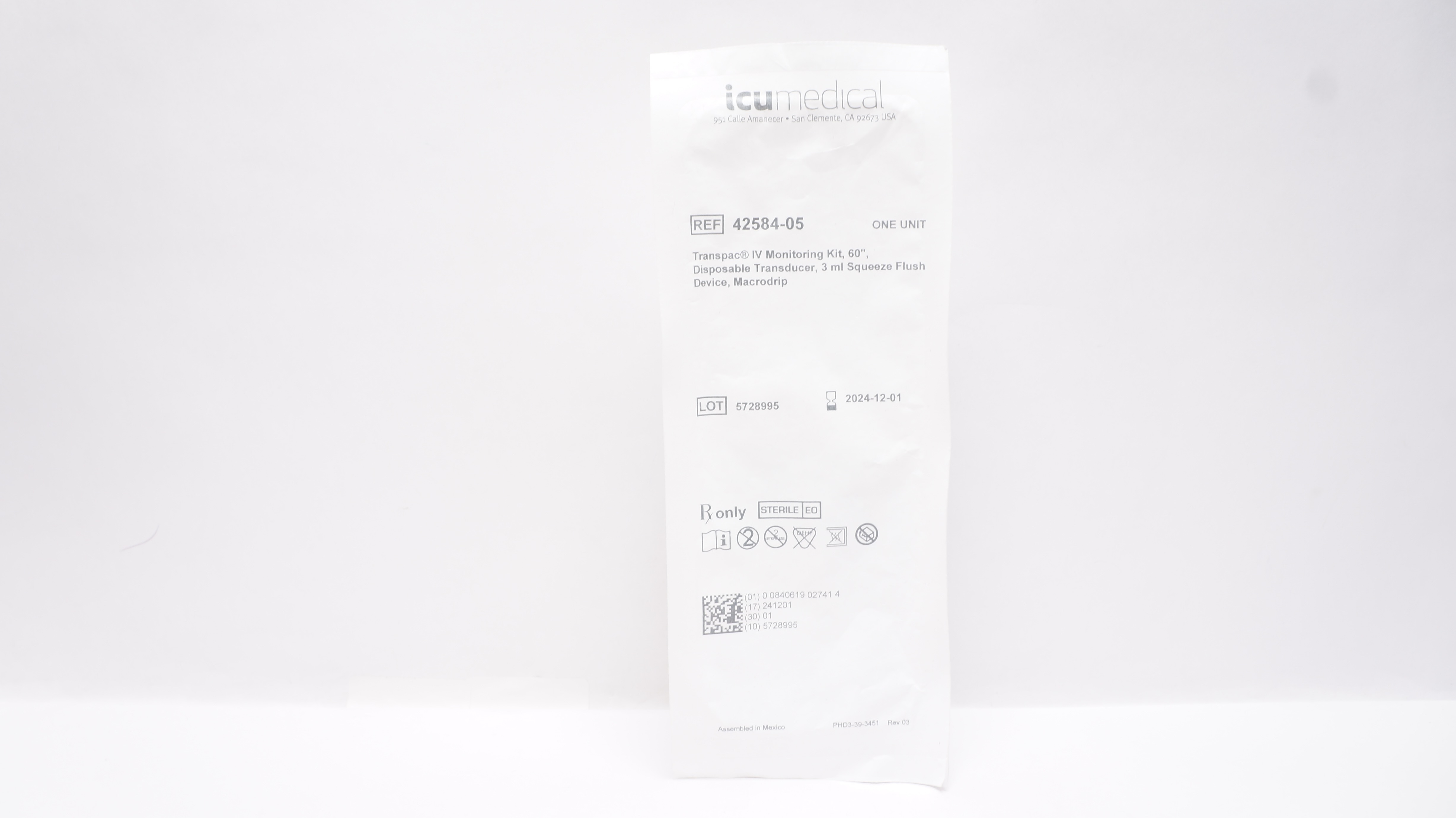 ICU Medical 42584-05 Transpac IV Monitoring Kit 60 inch x 3 ml