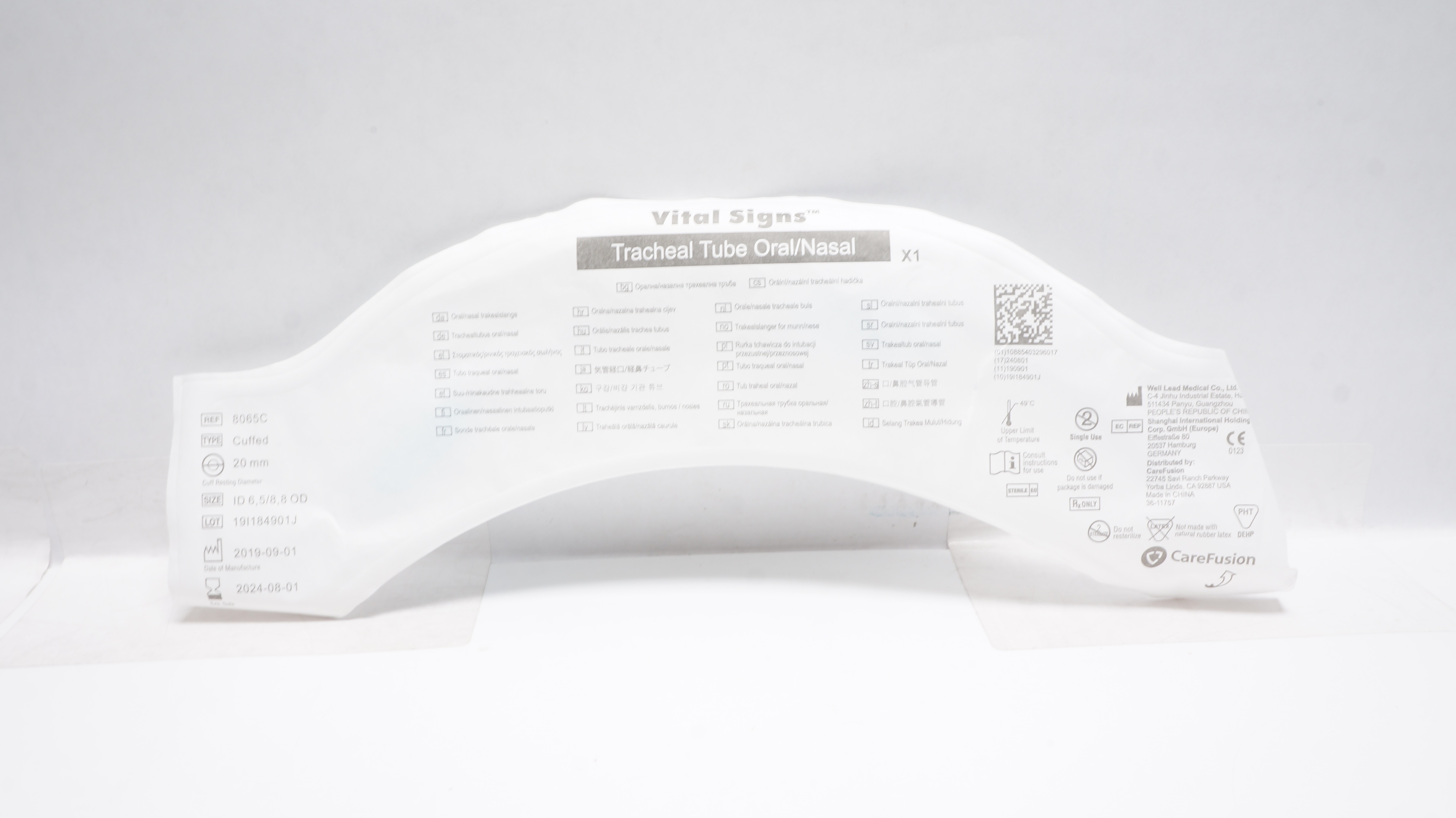 CareFusion 8065C Vital Signs Tracheal Tube Oral/Nasal Cuffed 6.5ID x 8.8OD x 20mm
