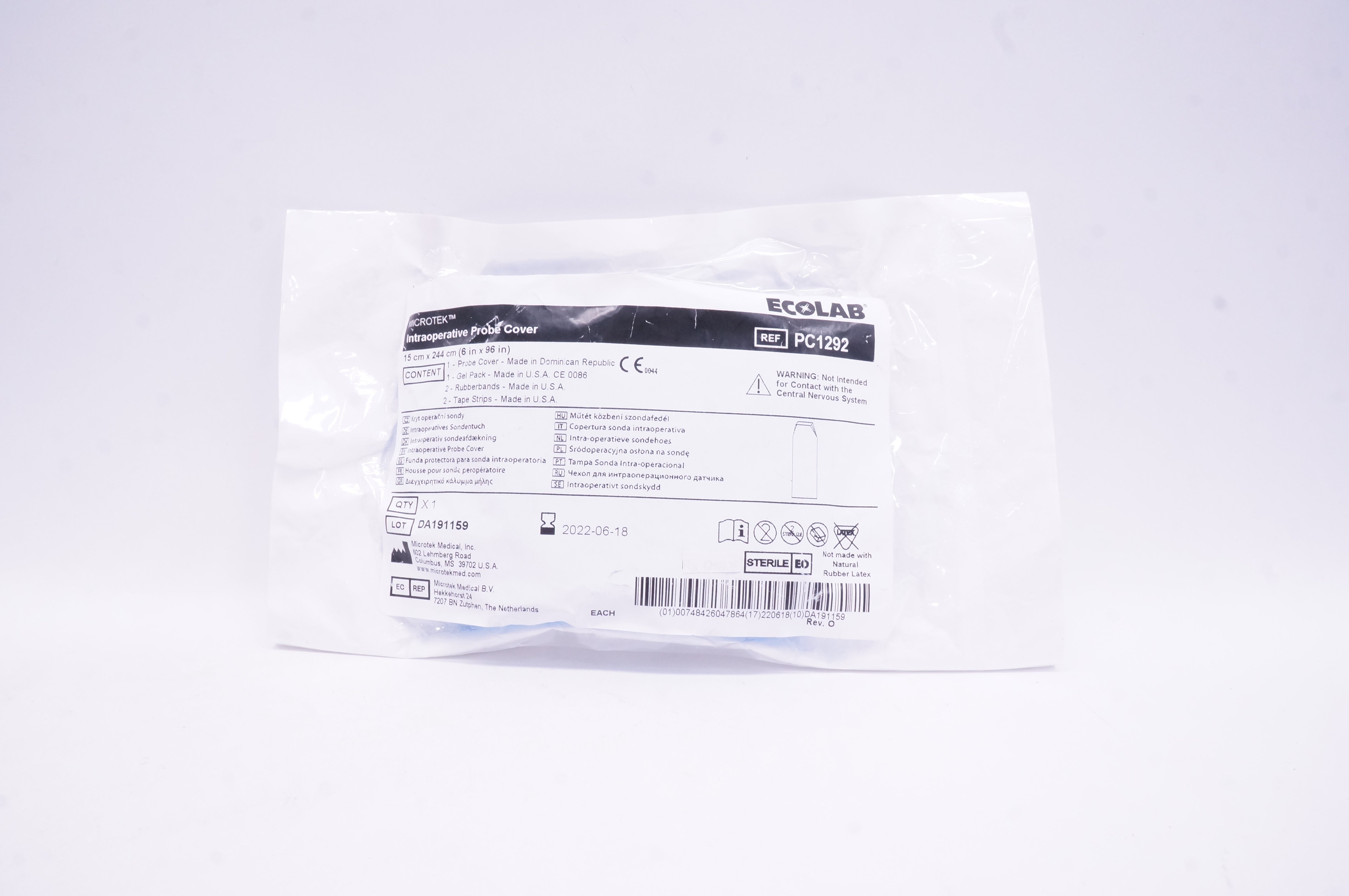 Microtek PC1292 ECOLAB Intraoperative Probe Cover with Gel 6inch x 96inch