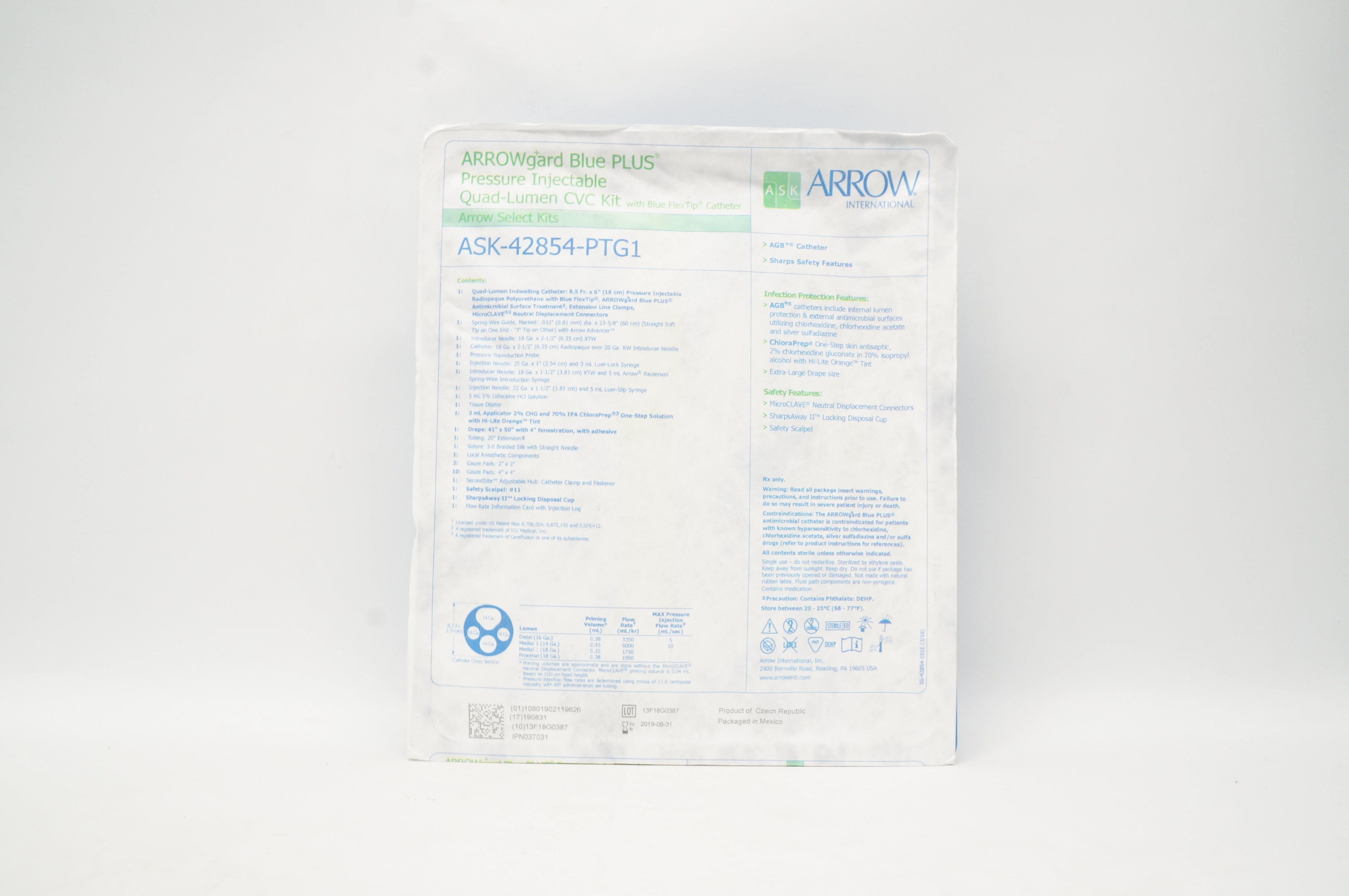 Arrow ASK-42854-PTG1 Pressure Injectable Blue PLUS Quad-Lumen CVC Kit (x)