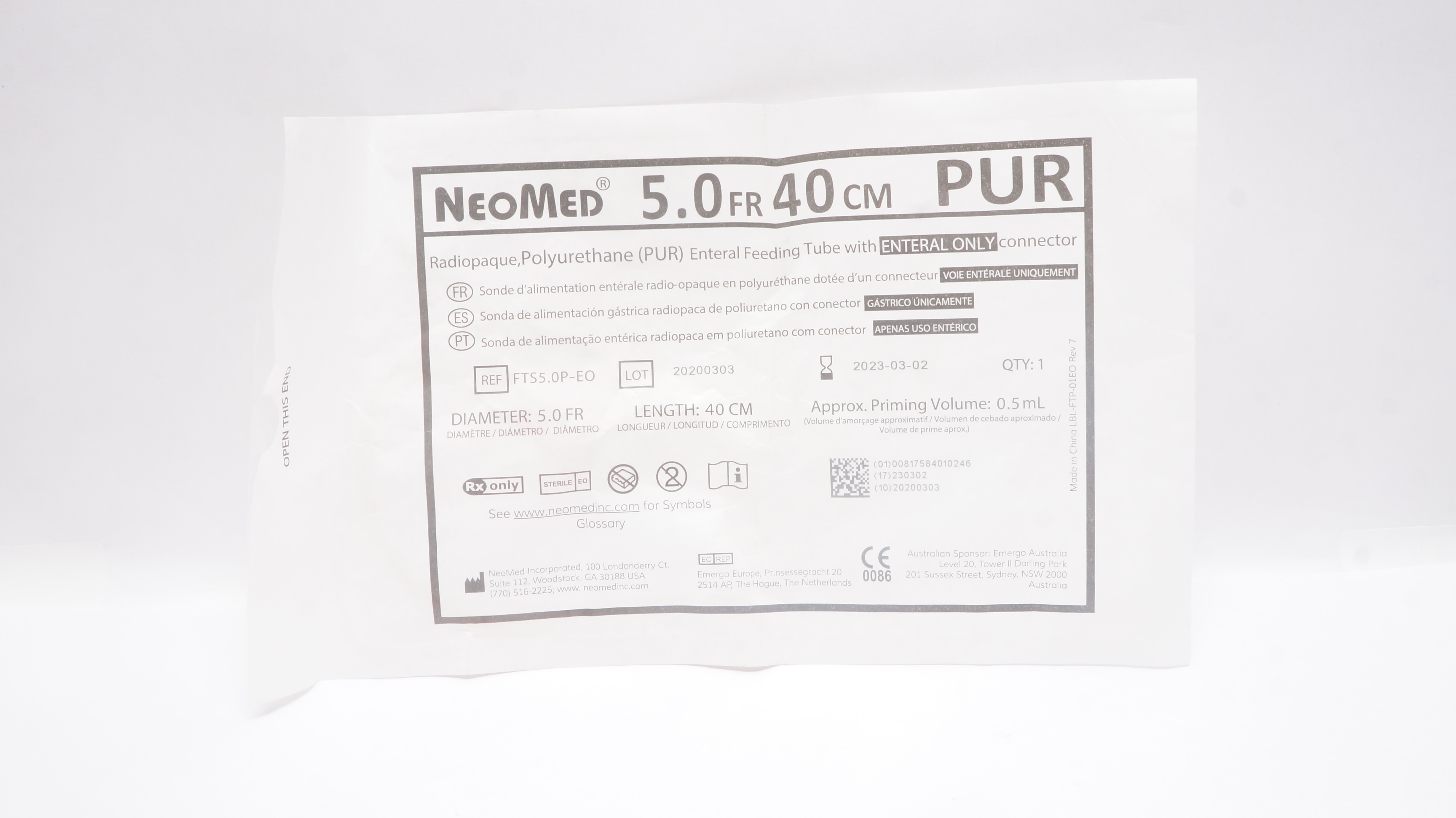 NeoMed  FTS5.OP-EO Enteral Feeding Tube w/Connector, Radiopaque 5.0Fr x 40cm (x)
