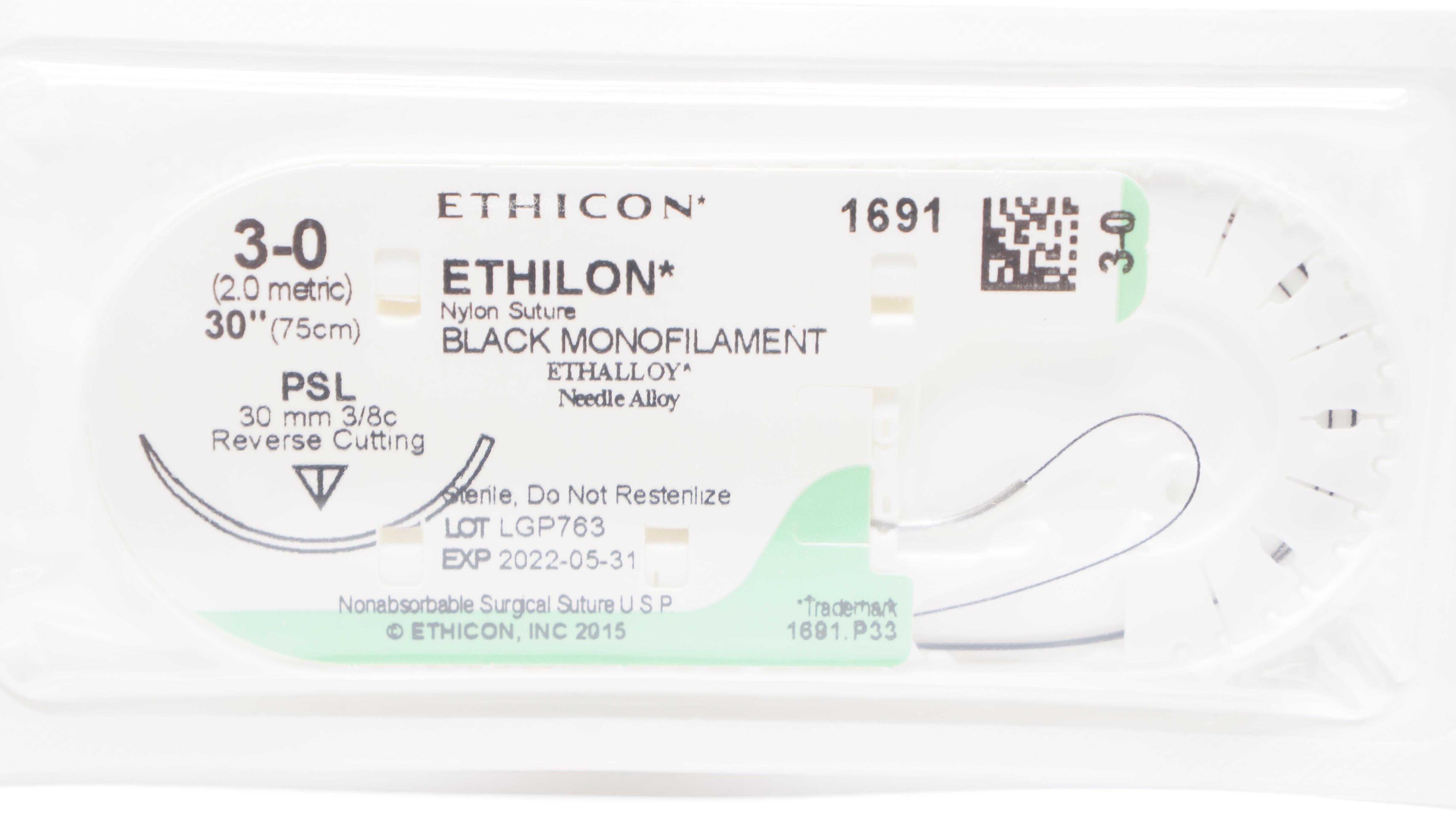 Ethicon 1691 3-0 ETHILON Nylon Stre PSL 30mm 3/8c Reverse Cutting ...