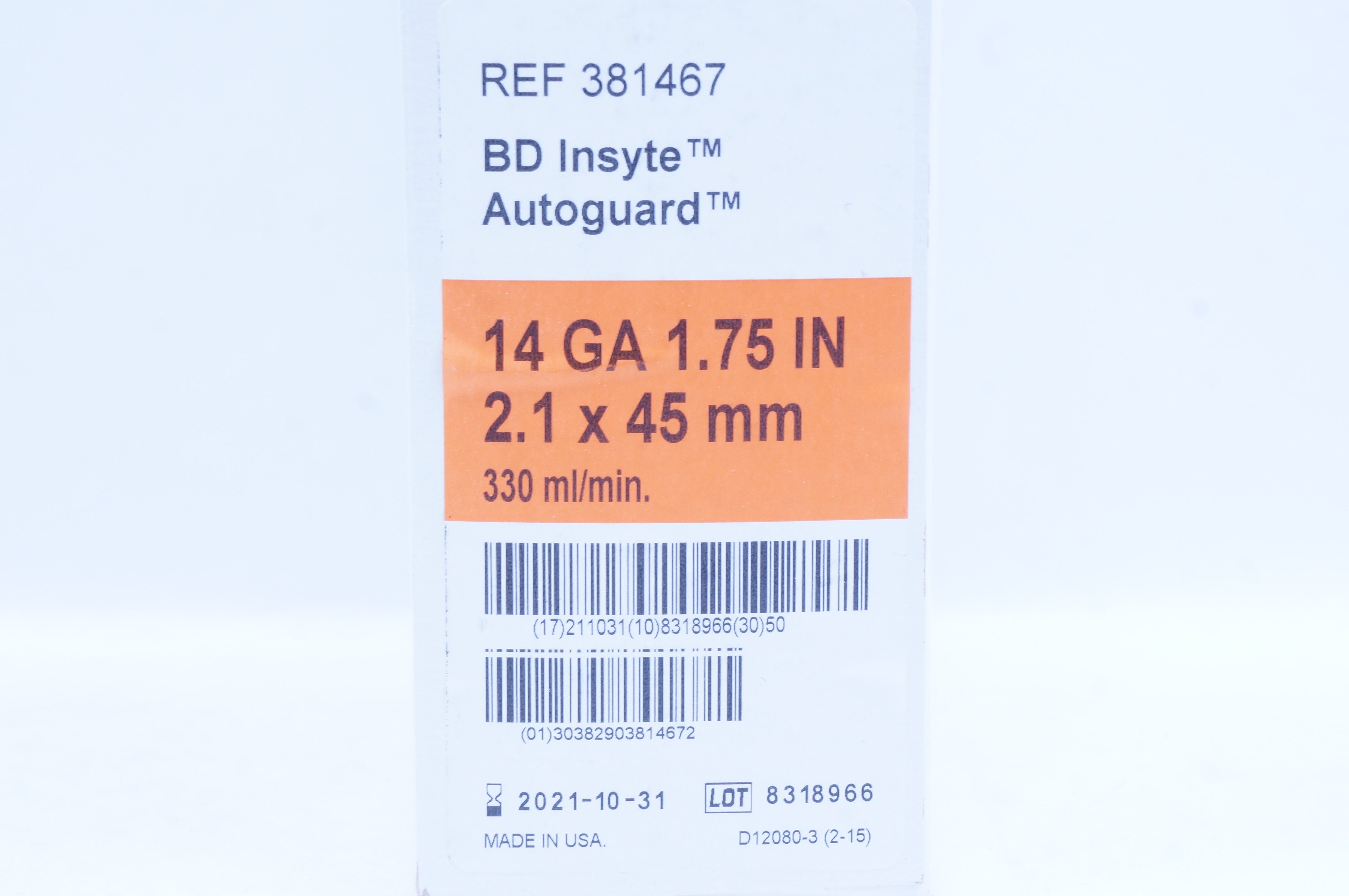 BD 381467 Insyte Autoguard Shielded I.V. Cath.14 GA x 1.75 inch - Box of 50