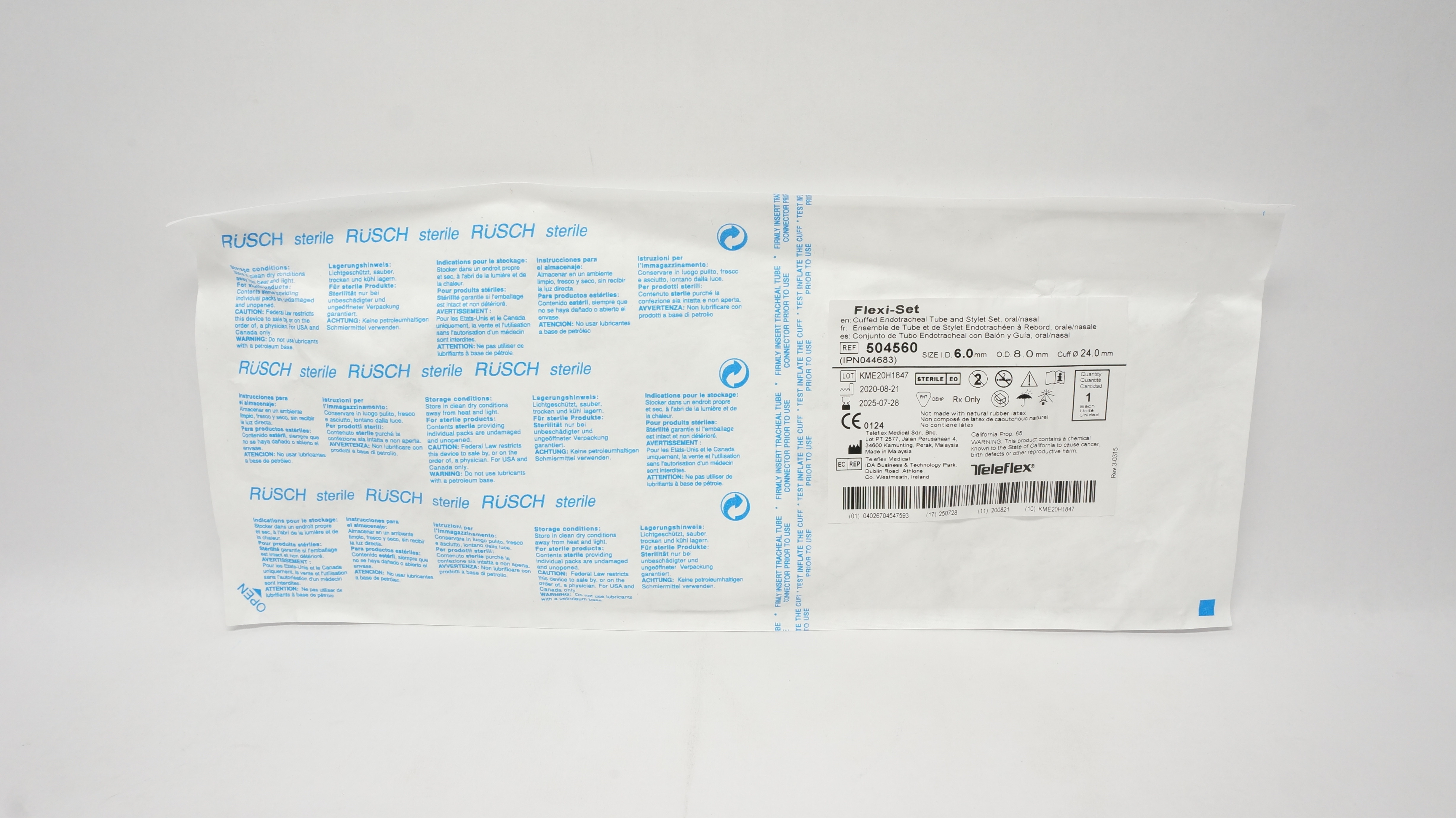 Teleflex 504560 Cuffed Endotracheal Tube Stylet Set 6.0 ID x 8.0OD x 24.0mm