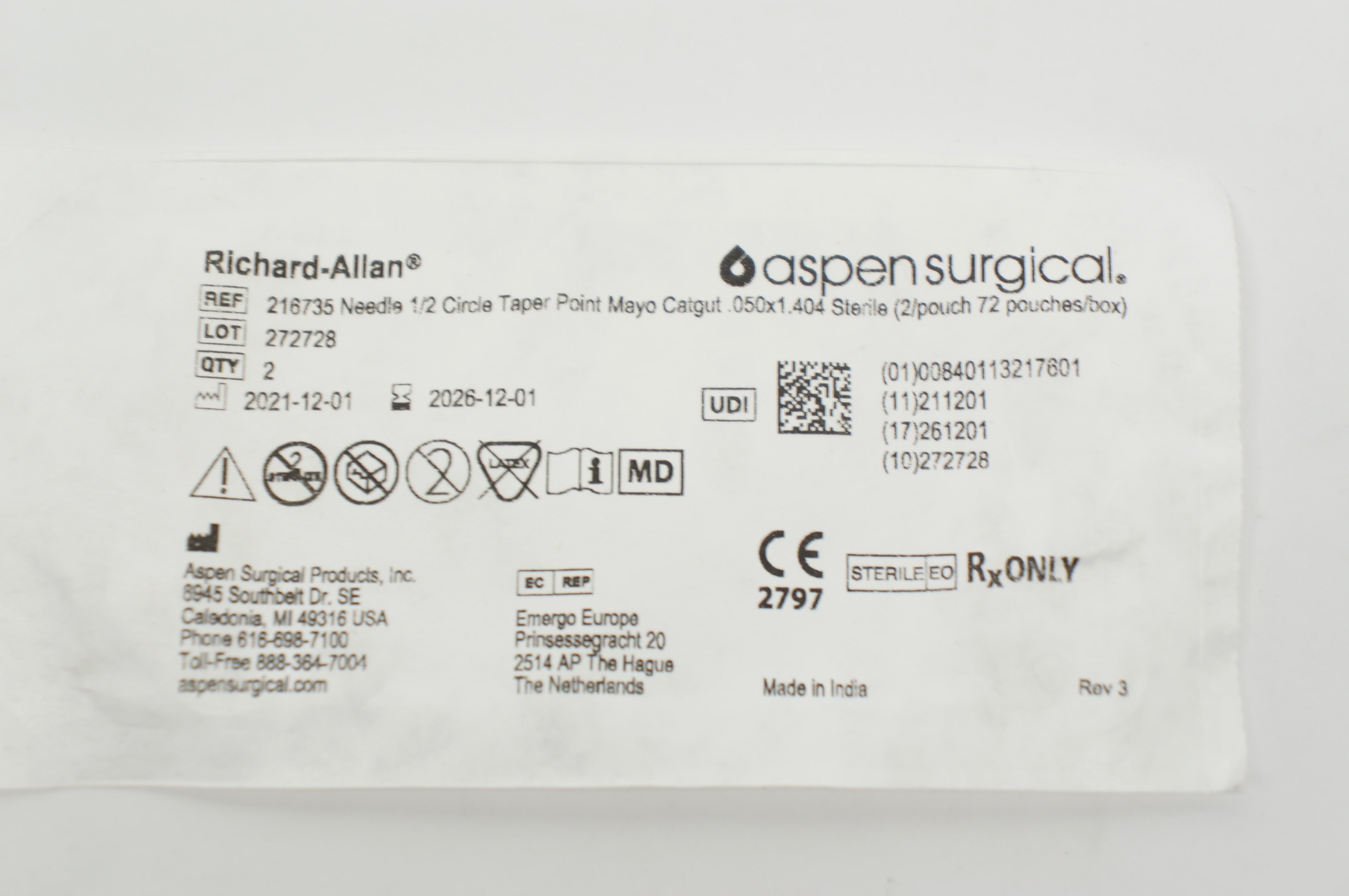 Aspen Surgical 216735 Richard-Allan Ndles Mayo 1/2 Taper - Pack of 2