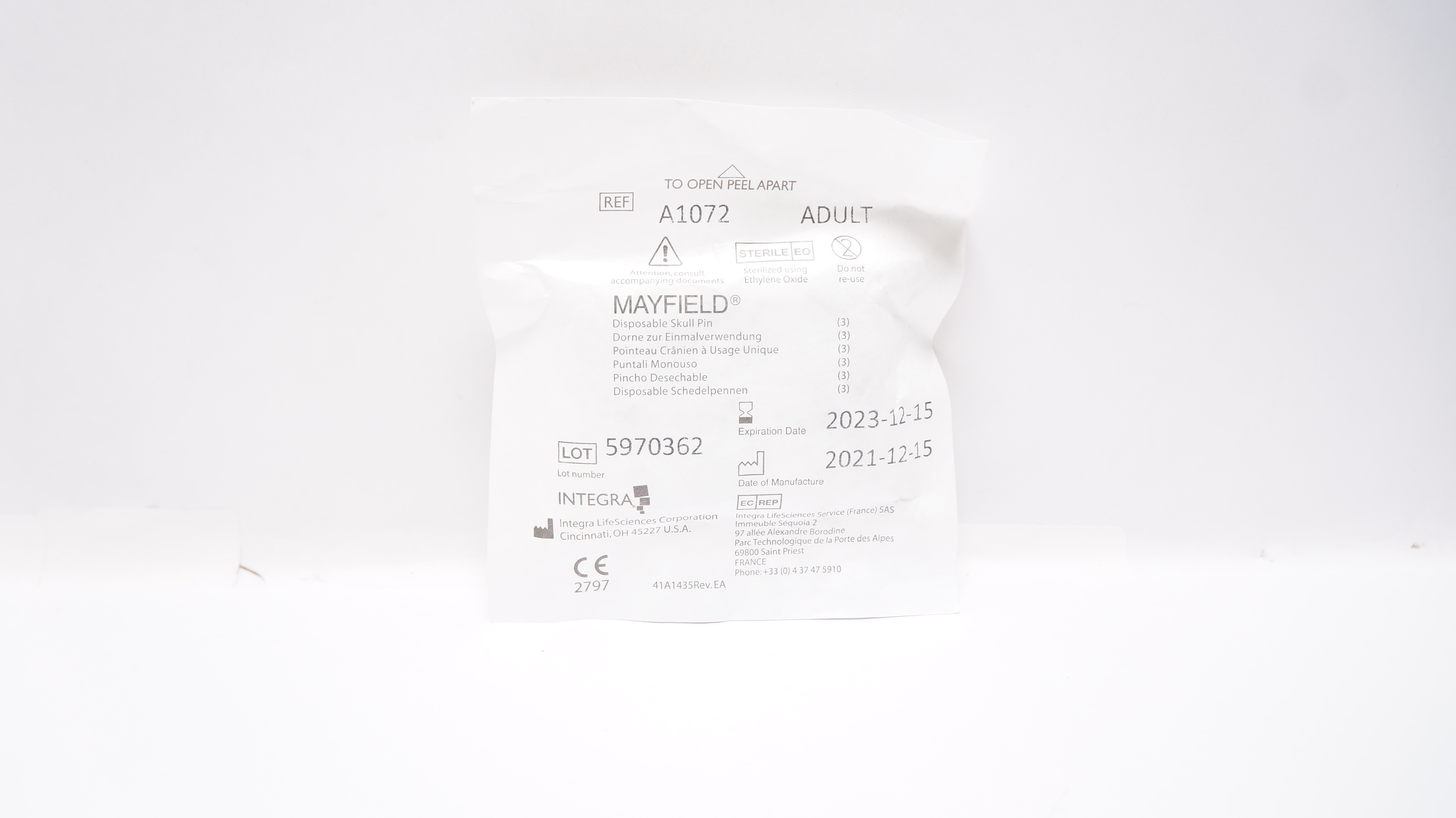 Integra A1072 Mayfield Disposable Skull Pin Adult (x) Pack of 3