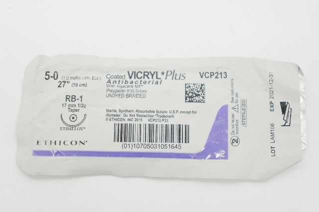Ethicon VCP213 5-0 VICRYL Plus Polyglactin Stre RB-1 17mm 1/2c Taper, 27inch (x)