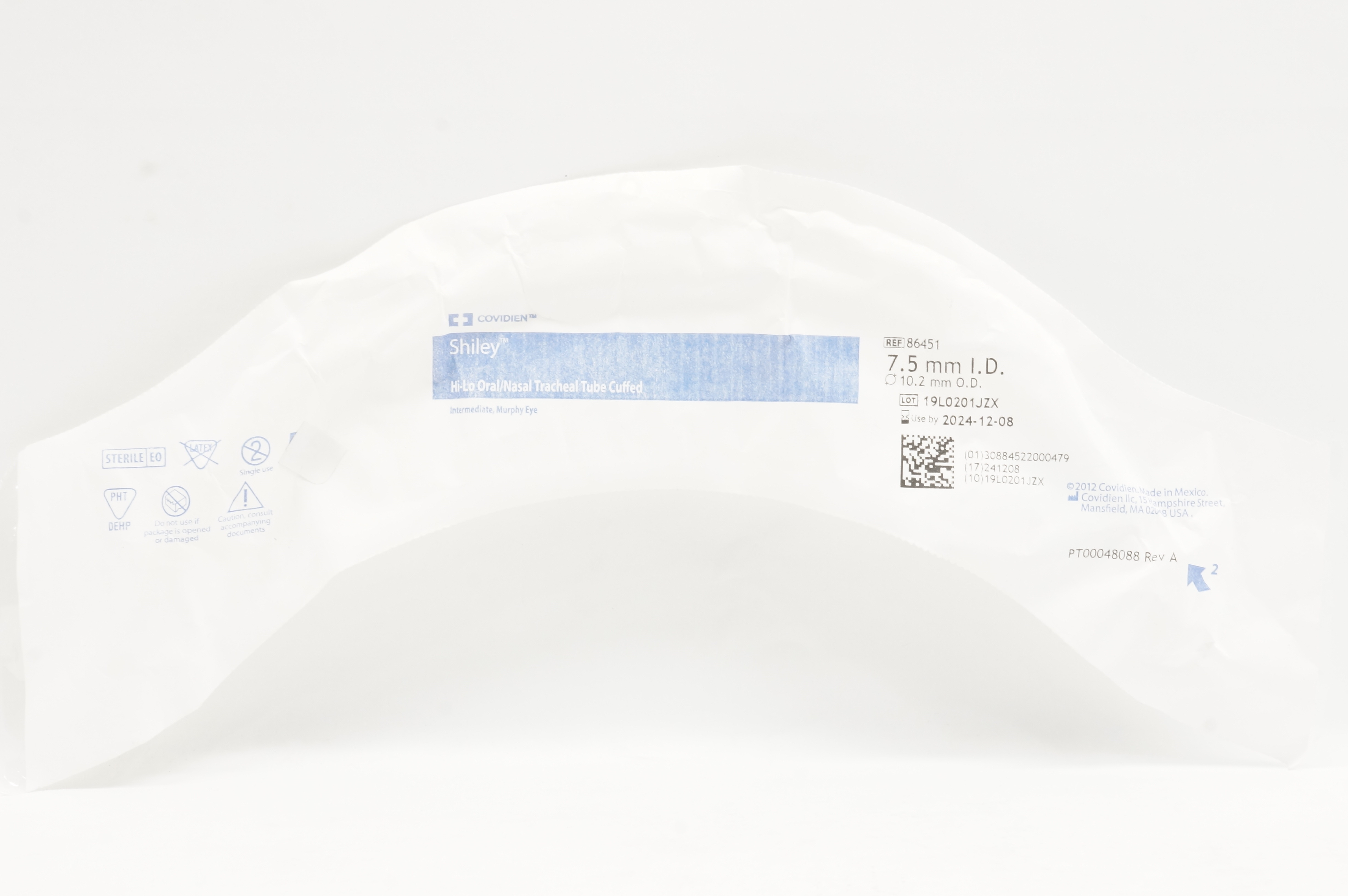 Covidien 86451 Shiley Hi-Lo Oral/Nasal Tracheal Tube Cuffed 7.5mm x 10.2mm