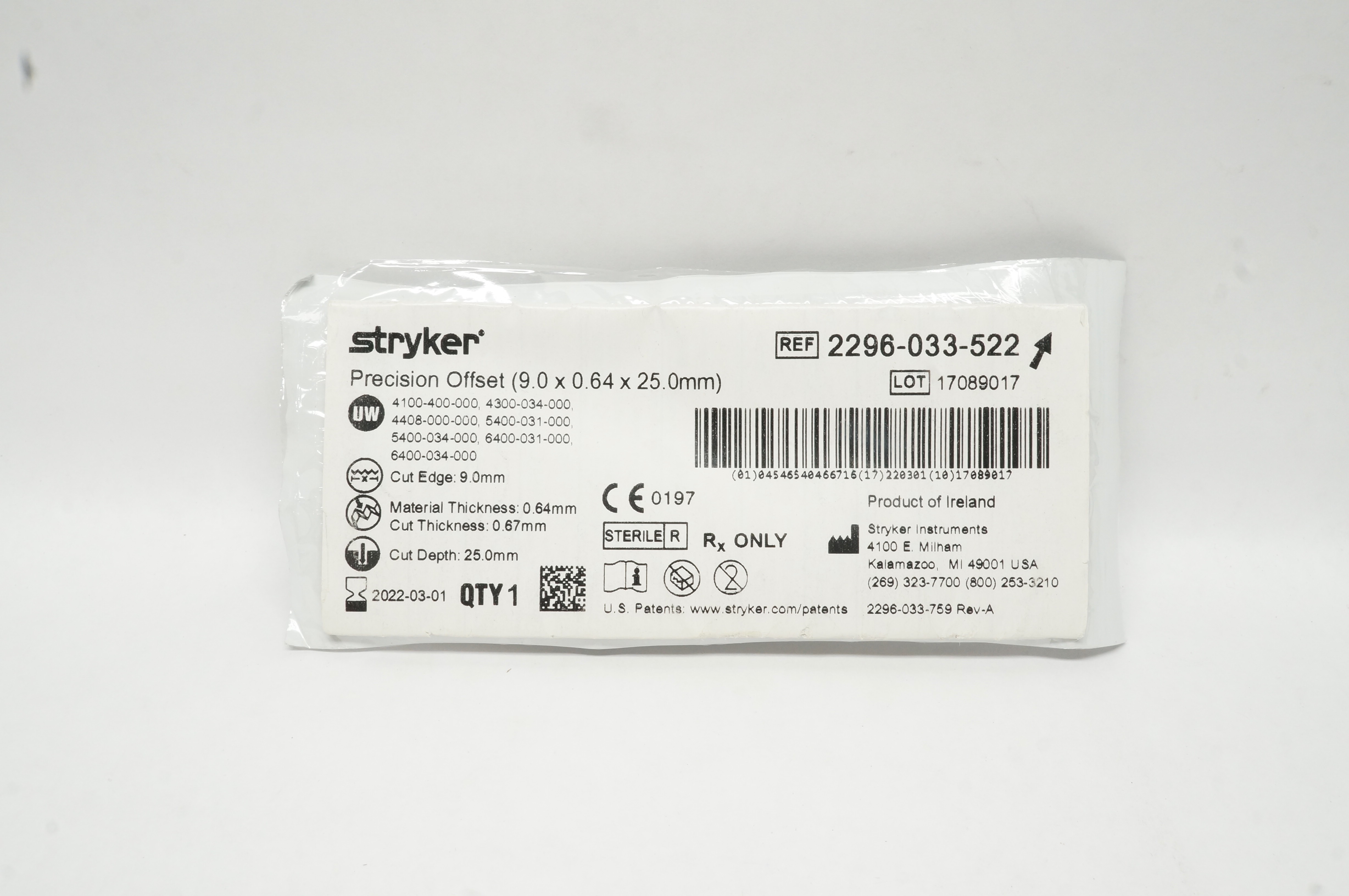 Stryker 2296-033-522 Micro Blade Straight Coarse / Offset 9 x 25 x 0.64mm (x)