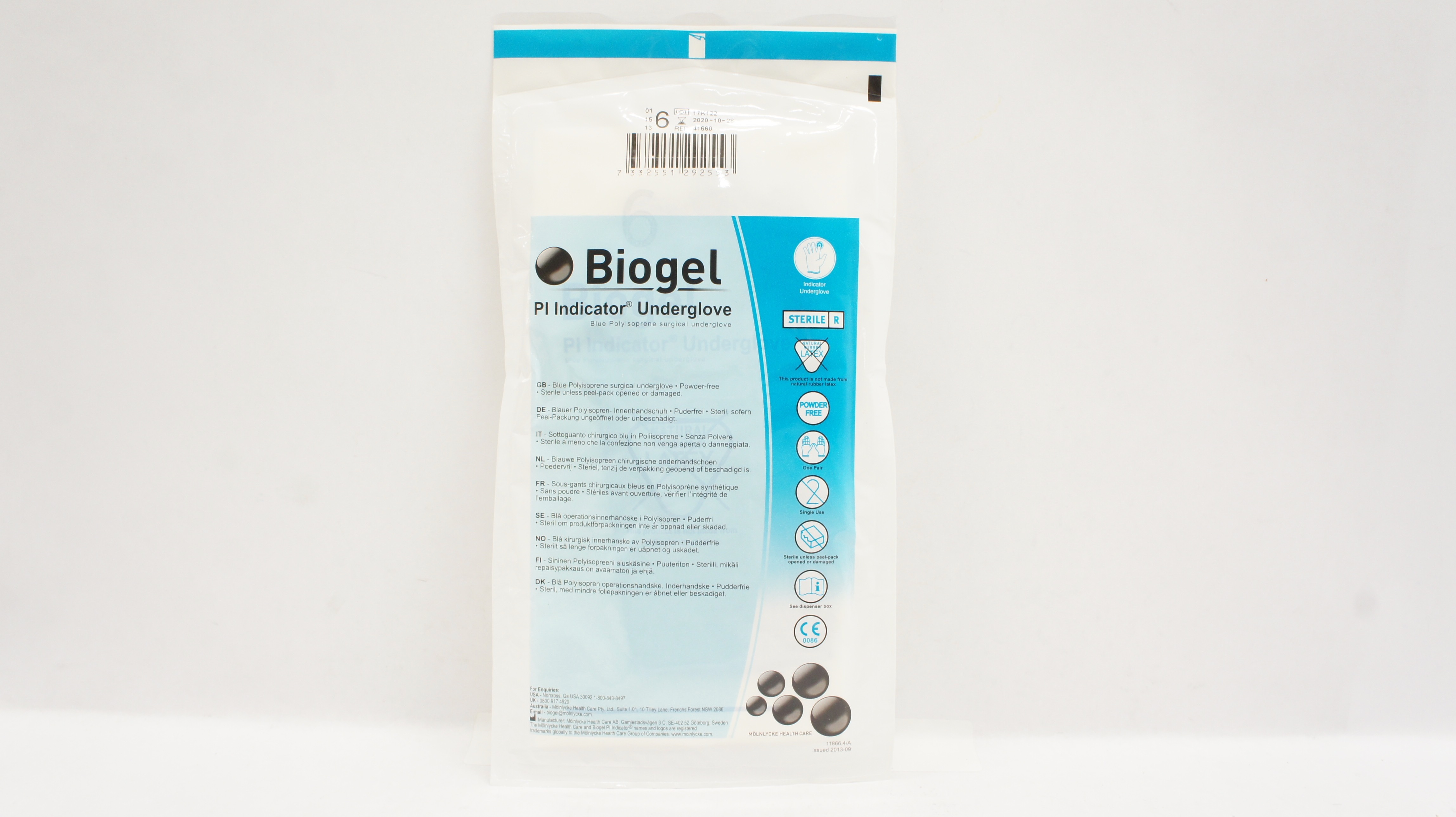 Molnlycke Health Care 41660 Biogel Pl Indicator Underglove, 6 (x)