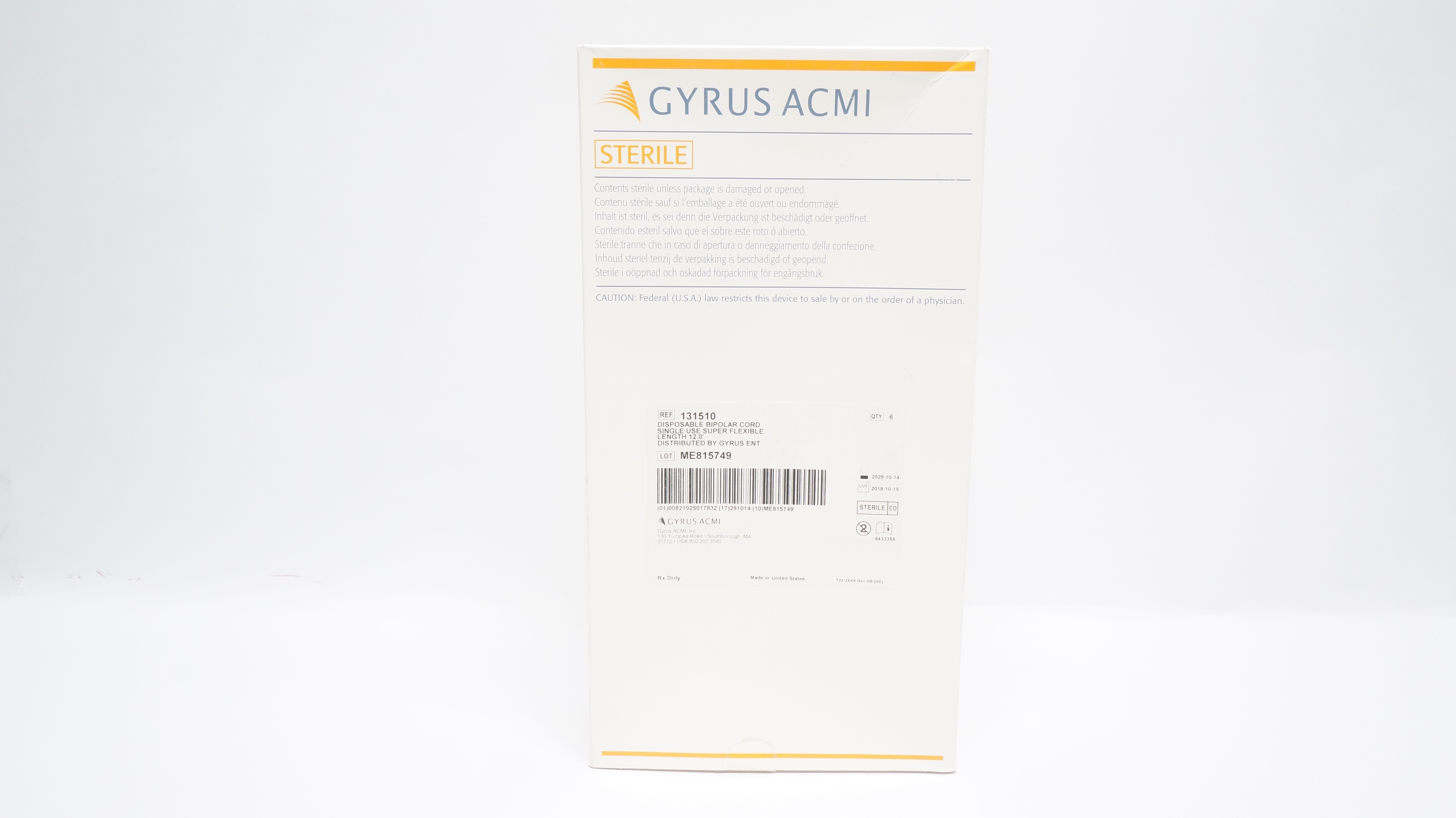 Gyrus ACMI 131510 Disposable Bipolar Cord Single Use Super Flexible 12.0'-Box of6