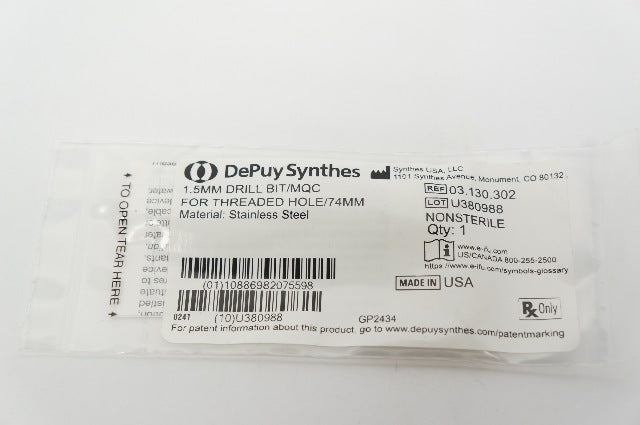 DePuy 03.130.302 Synthes Stainless Steel 1.5mm Drill BIT/MQC