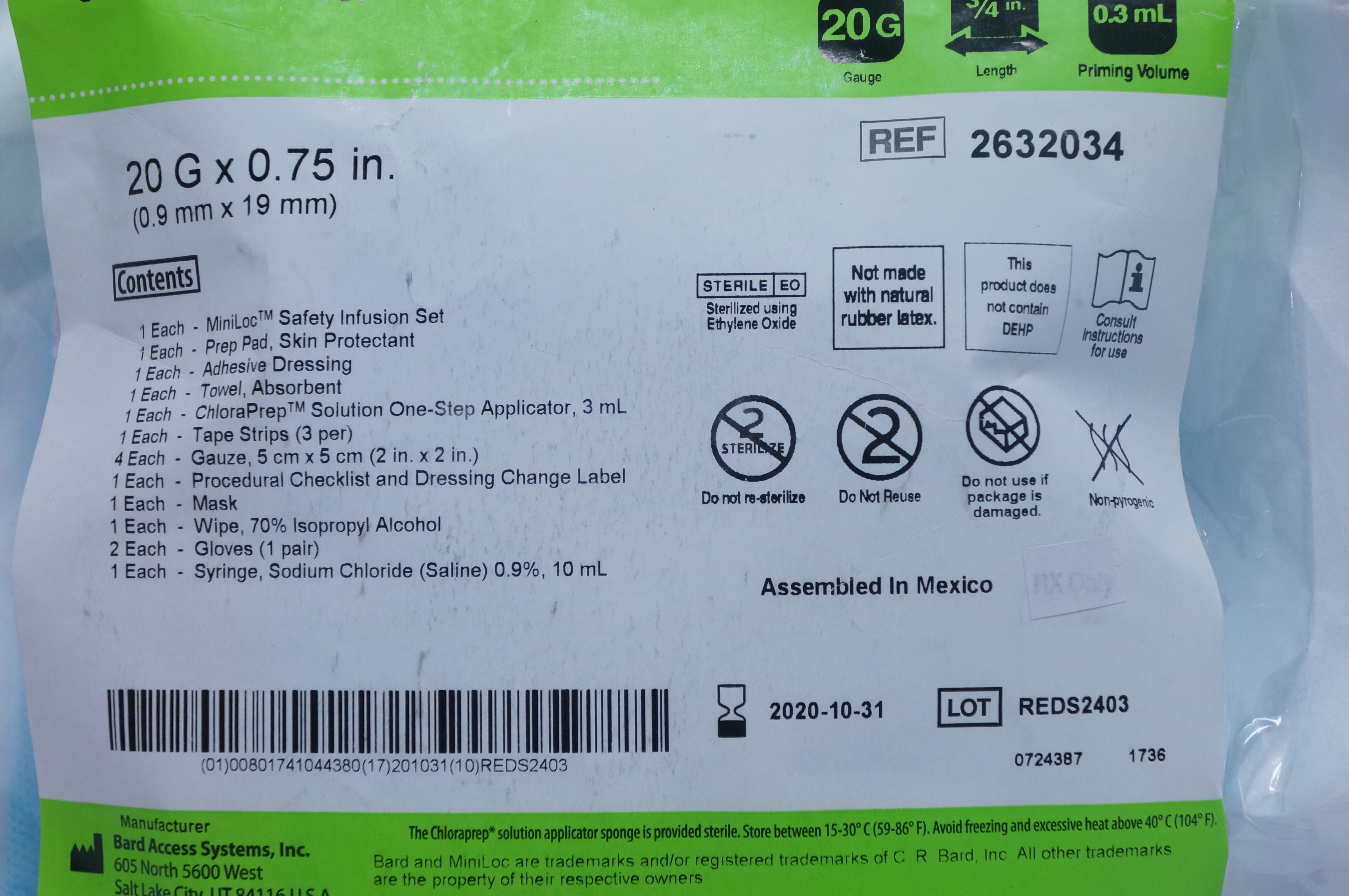 本A-43 20 ⑧ Bard 2632010 MiniLoc Safety Infusion Set Port Access Kit 20G x 1