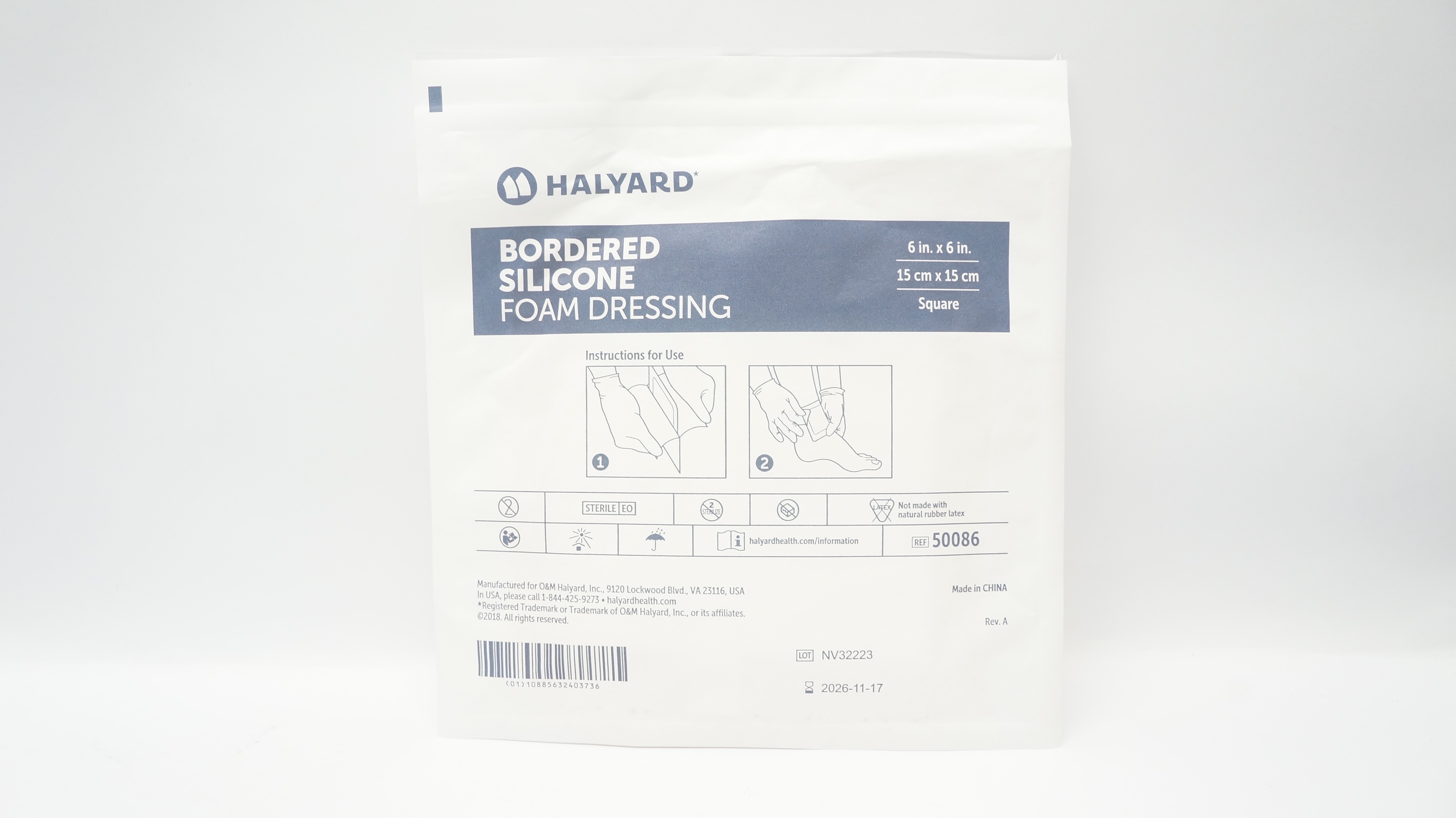 Halyard 50086 Bordered Silicone Foam Dressing 6In x 6In Square