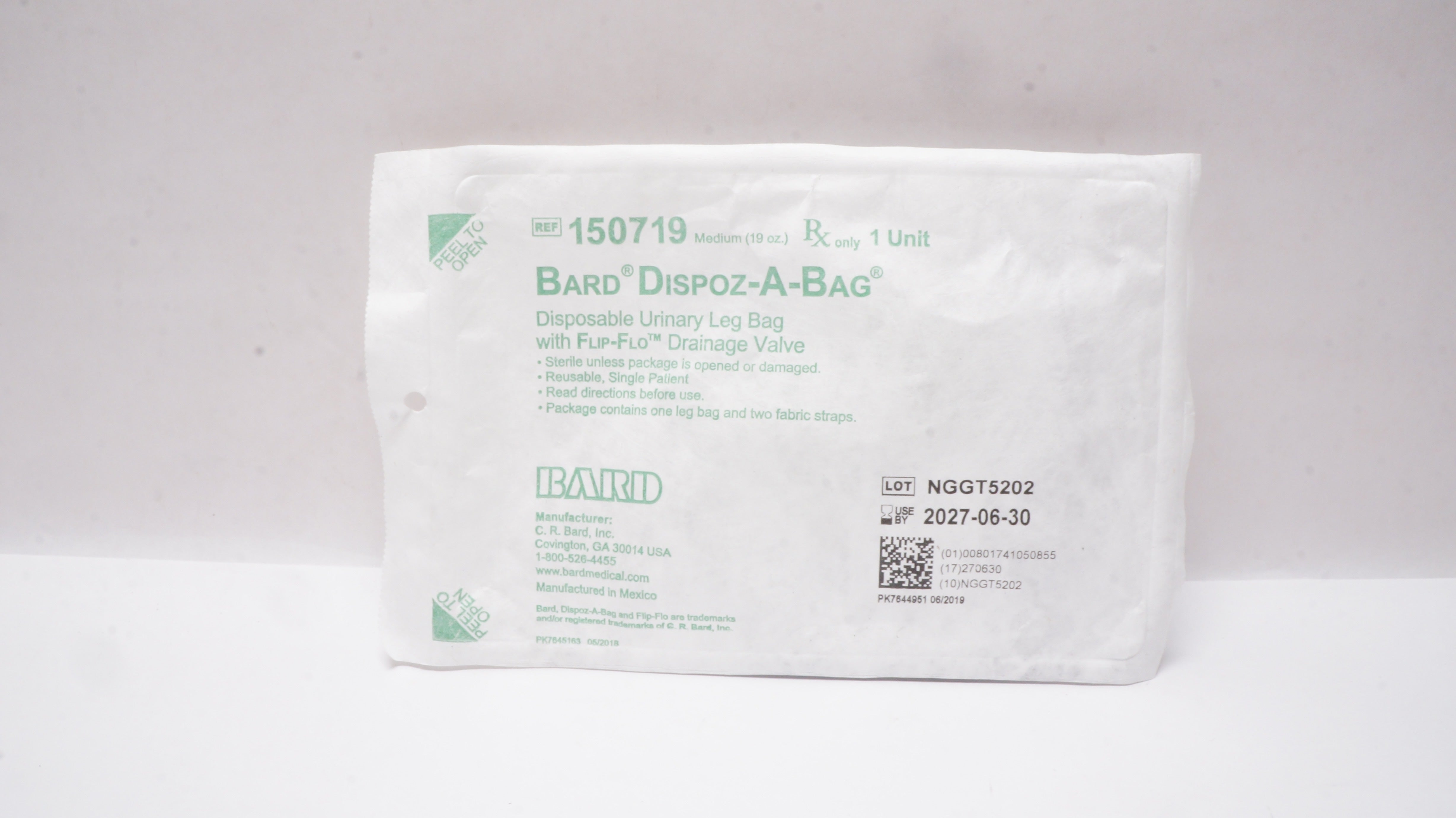 Bard 150719 Dispoz-A-Bag Disposable Urinary Leg Bag w/Drainage Valve Medium 19oz