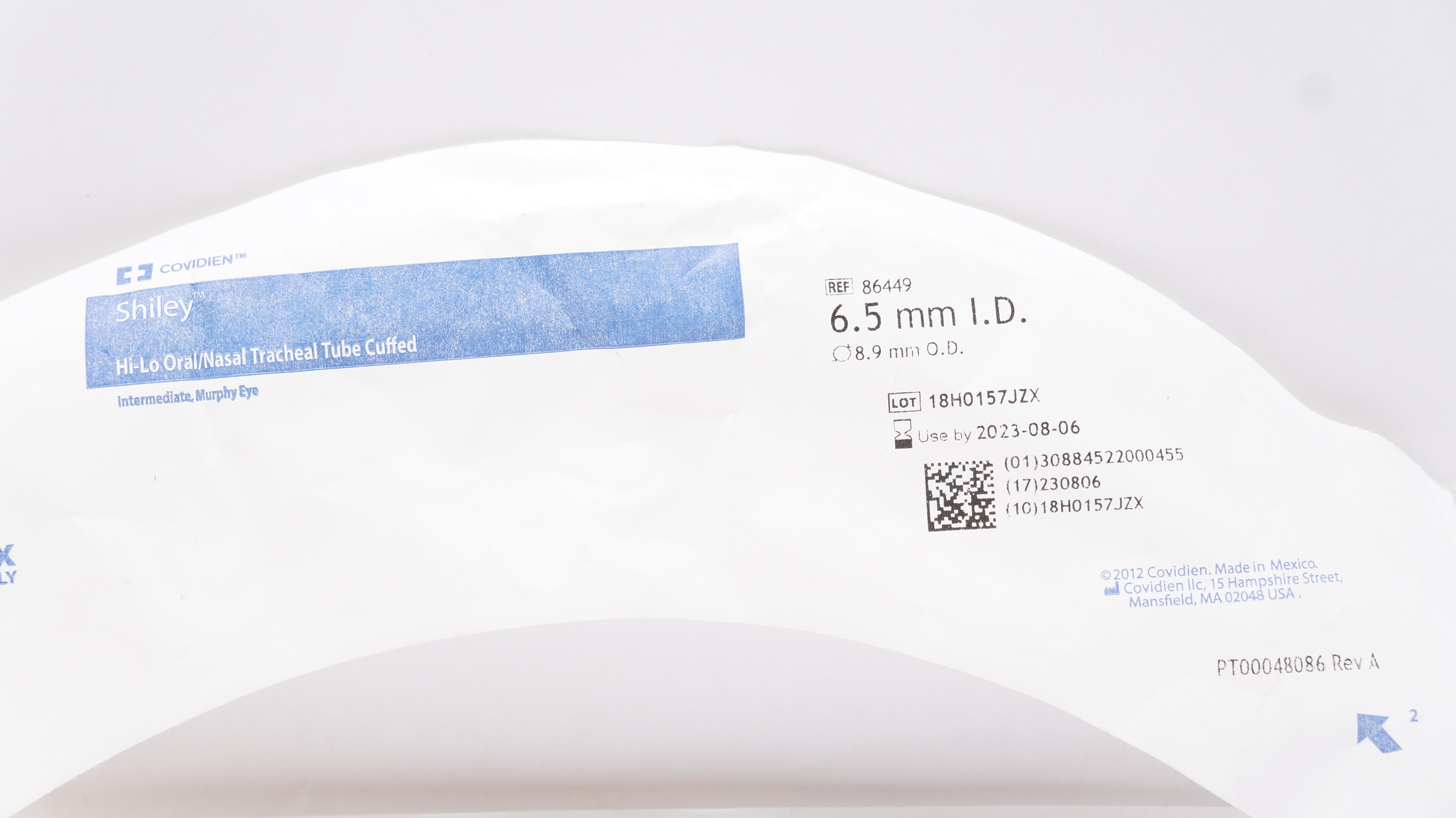 Covidien 86449 Shiley Hi-Lo Oral/Nasal Tracheal Tube Cuffed 6.5 ID x 8.9mm OD(x)