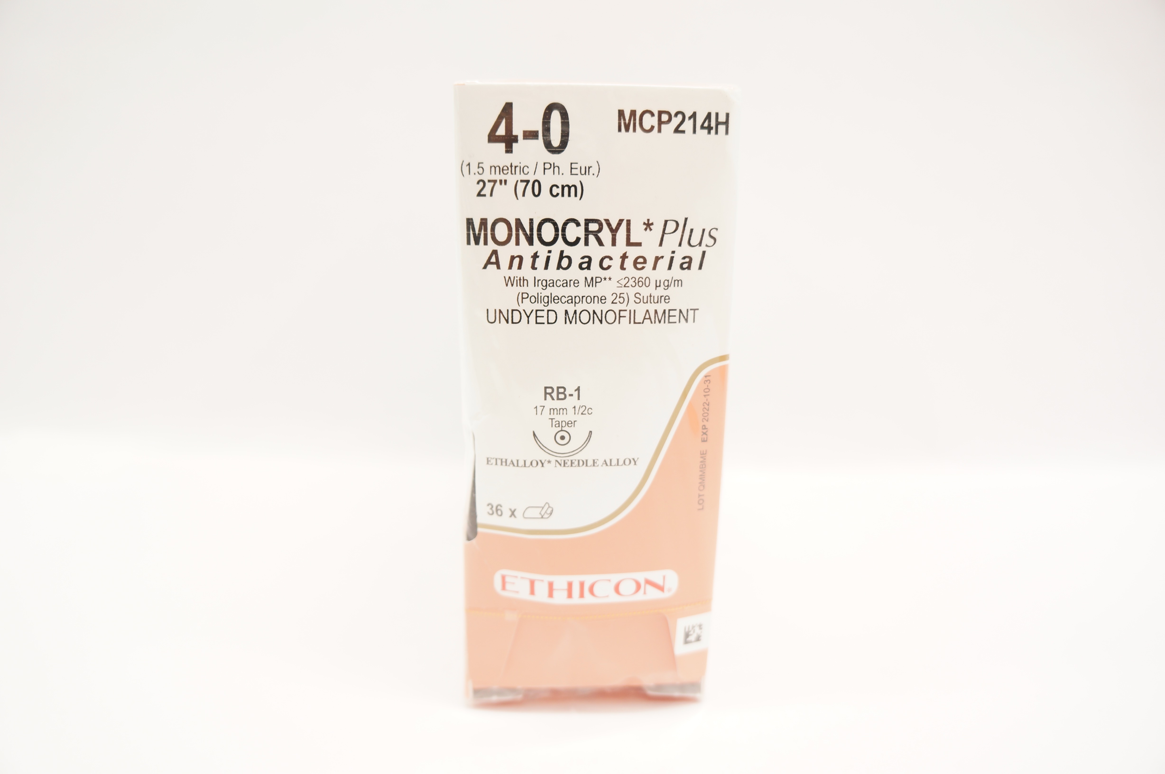 Ethicon MCP214H 4-0 Monocryl Plus, RB-1, 17mm 1/2c Taper, 27inch (x) - Box of 36