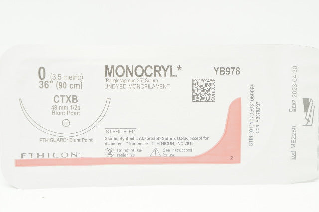 Ethicon YB978 0 Monocryl  Undyed Monofiloment CTXB 48mm 1/2c Blunt Point, 36inch
