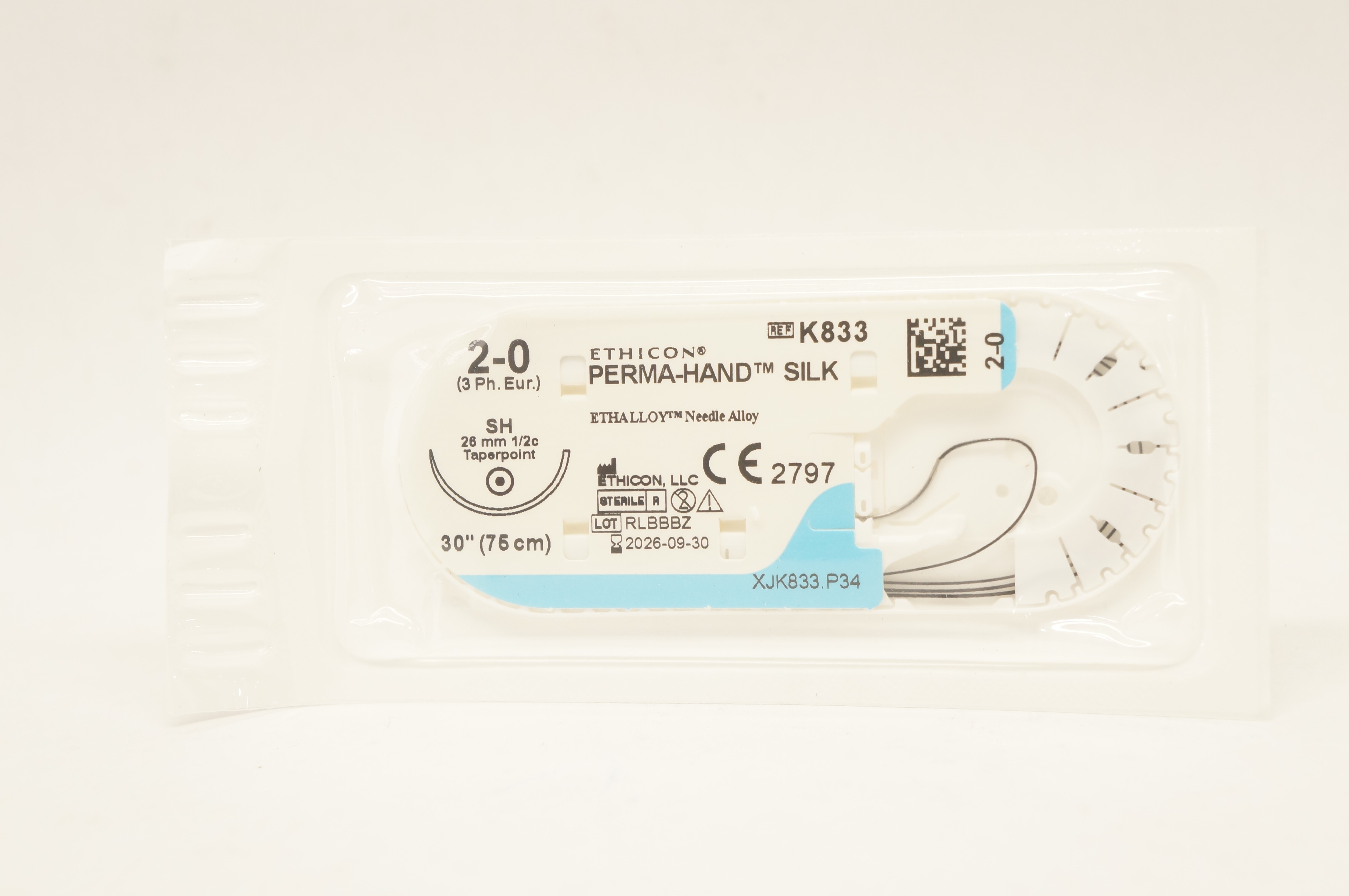 Ethicon K833 2-0 PERMA-HAND SILK Stre, SH 26mm 1/2c Taper, 30inch