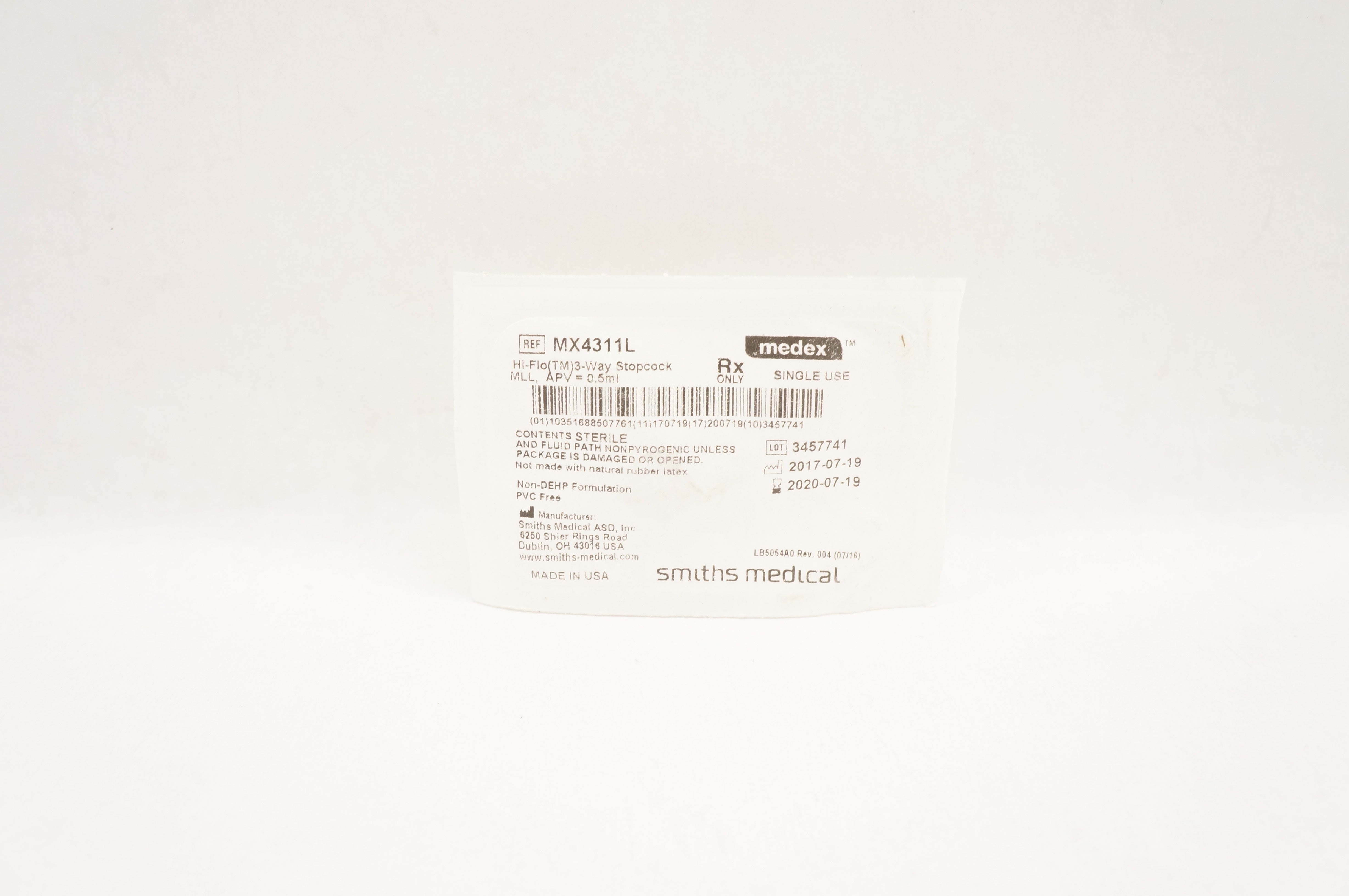 Smiths Medical MX4311L Hi-Flo 3 Way Stopcock MLL,  APV 0.5ml Sterile (x)