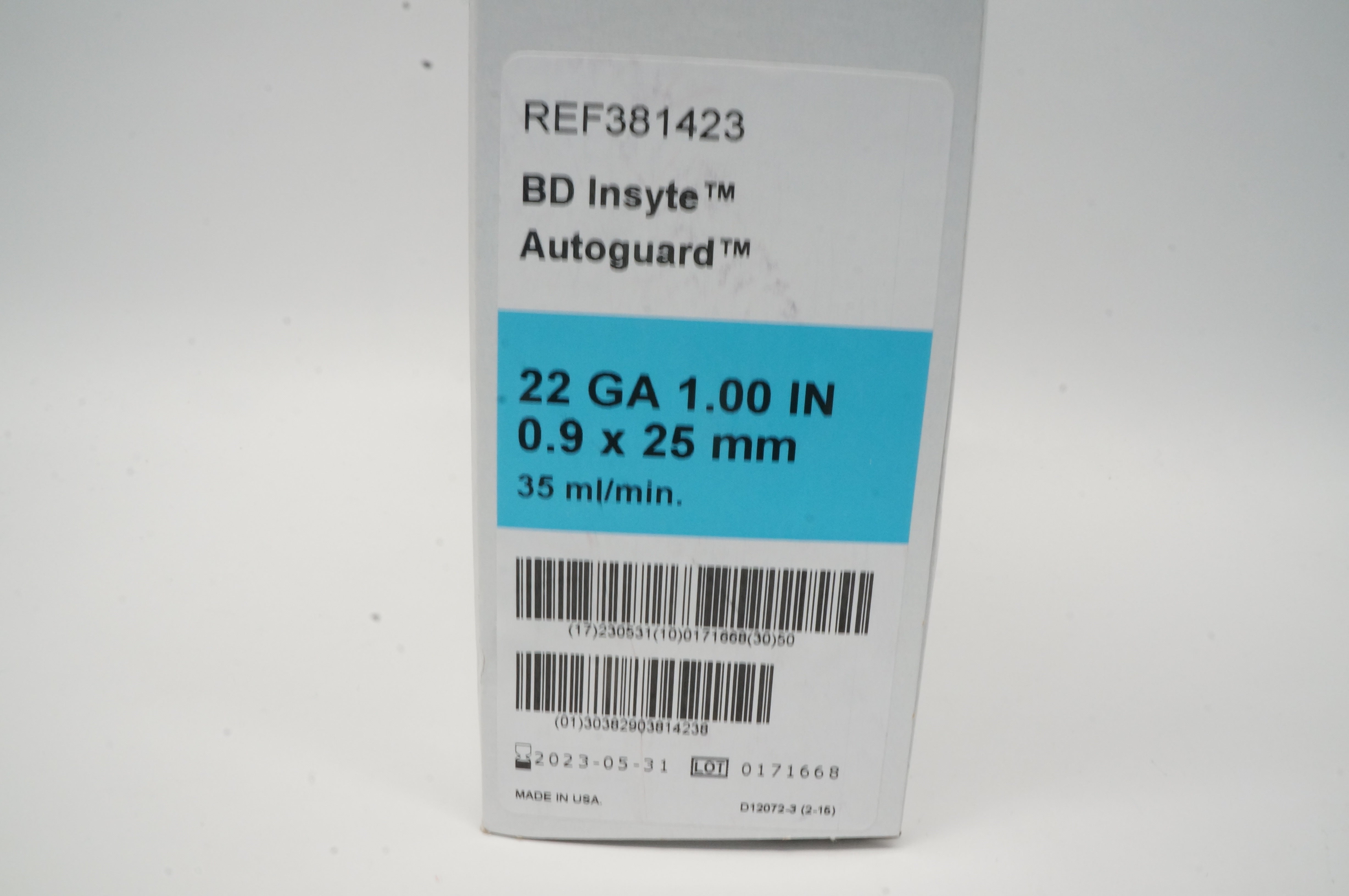 BD 381423 BD Insyte Autoguard Shielded IV Cath. 22Ga x 1.00inch (x) - Box of 50