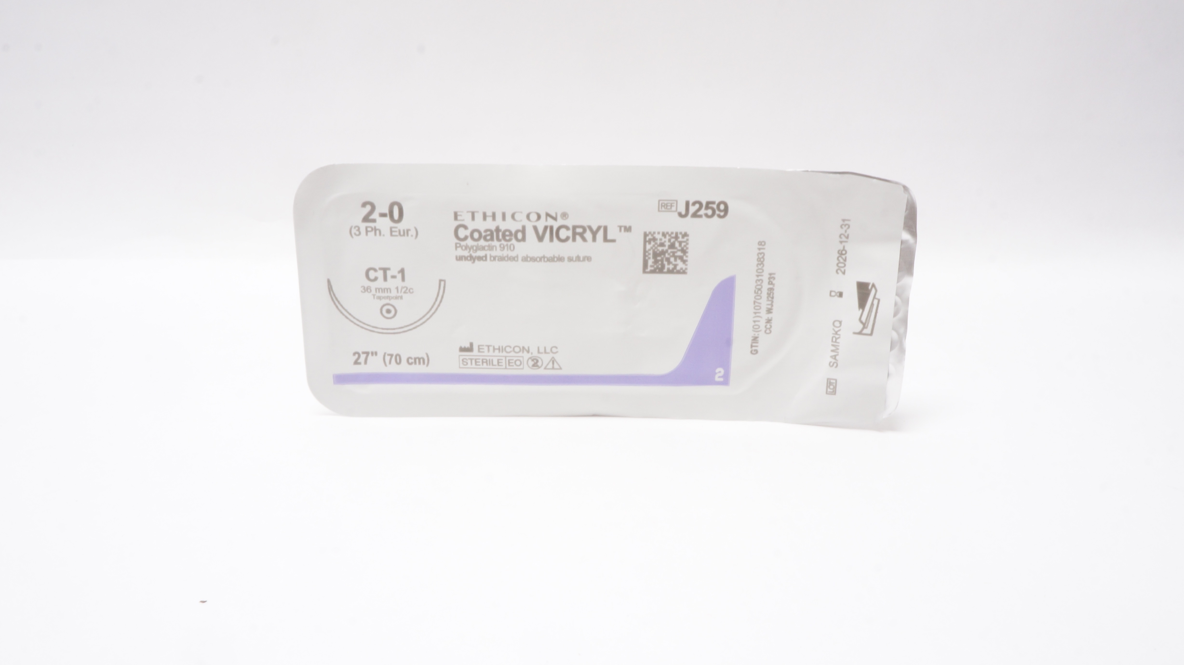 Ethicon J259 2-0 Coated VICRYL Polyglactin Stre CT-1 36mm 1/2c Taperpoint 27inch