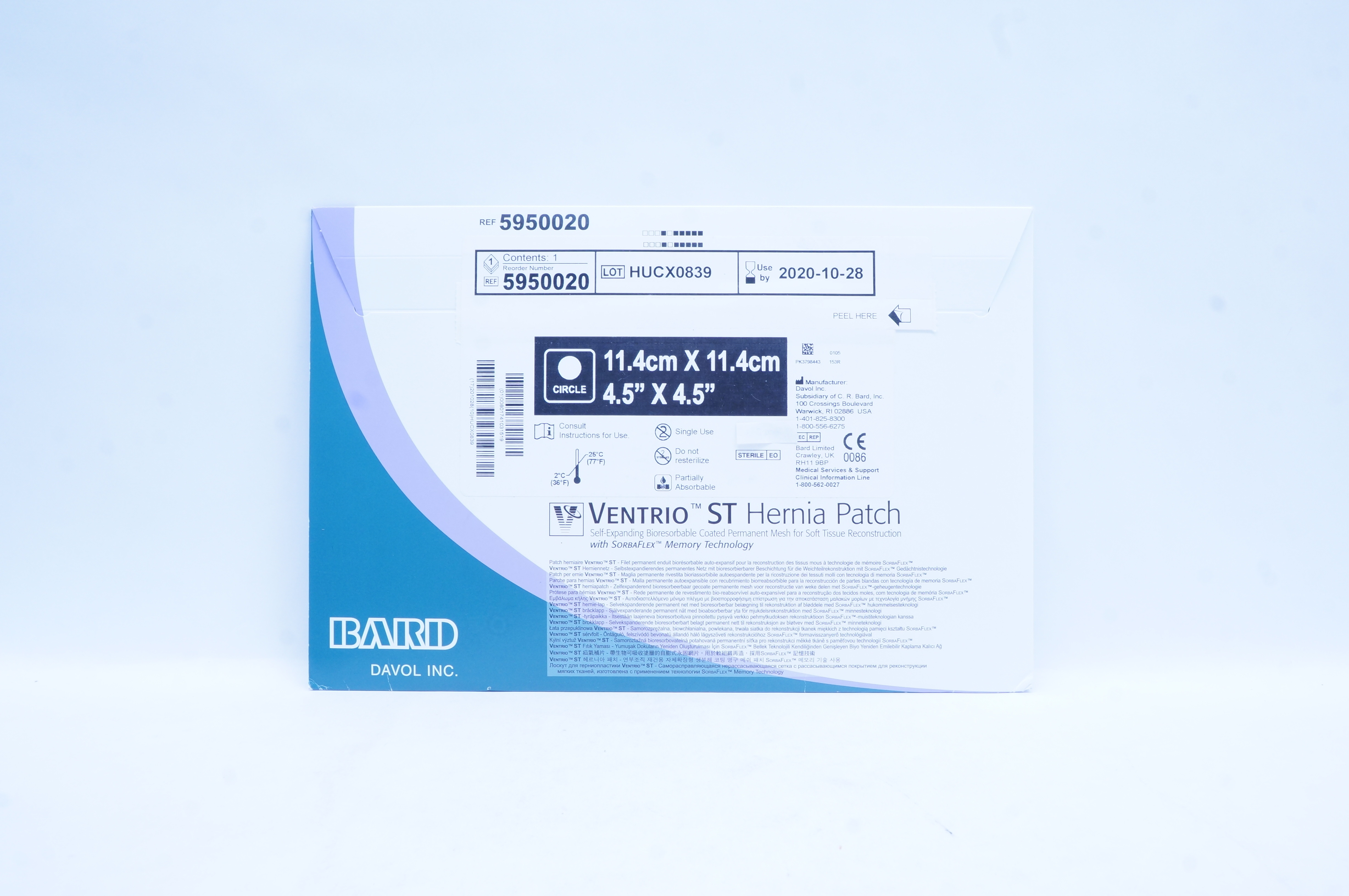 Bard 5950020 Ventrio ST Hernia Patch, Bioresorbable Coated Mesh 4.5x4.5 inch (x)