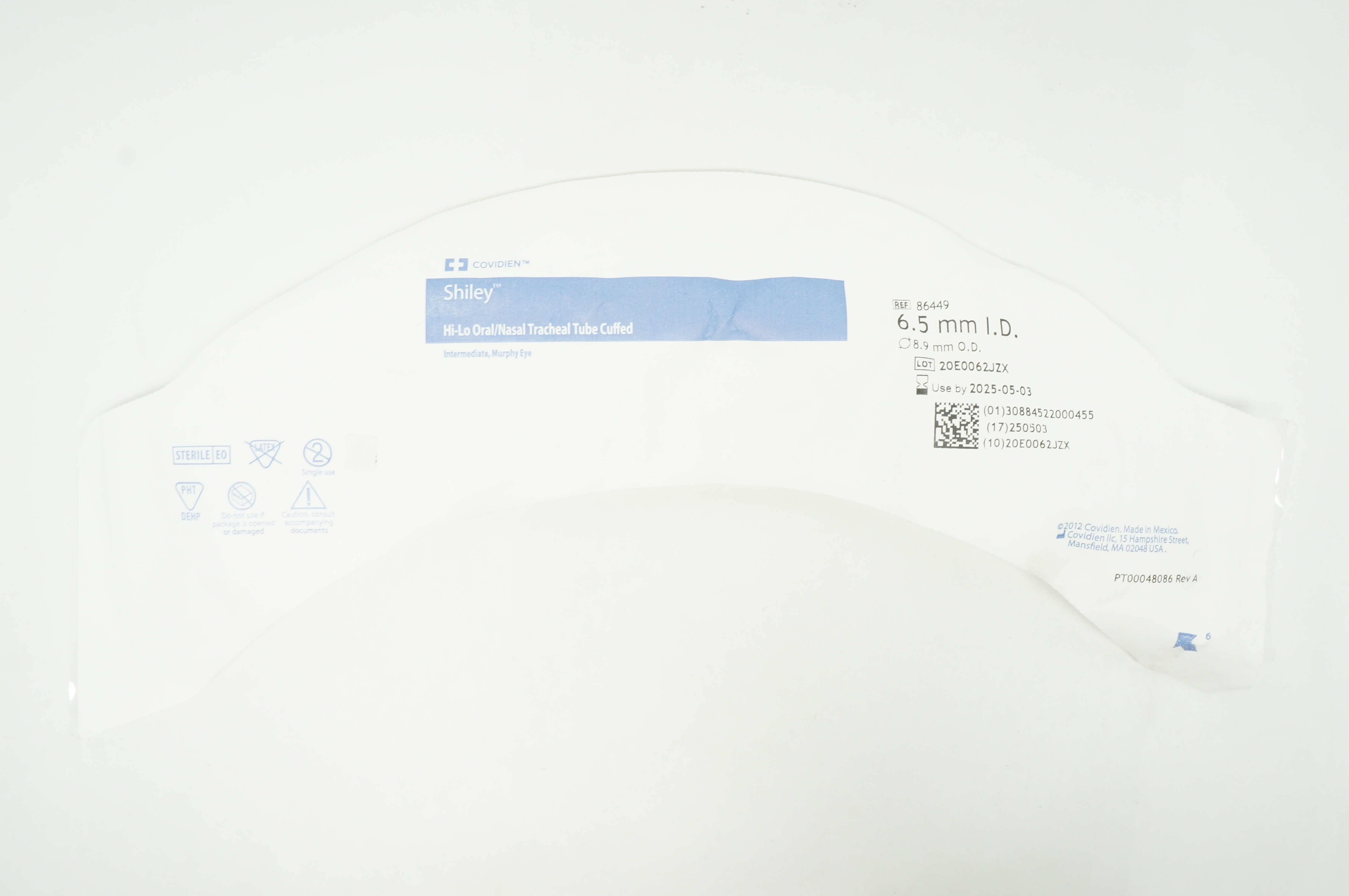 Covidien 86449 Shiley Hi-Lo Oral/Nasal Tracheal Tube Cuffed 6.5 x 8.9mm