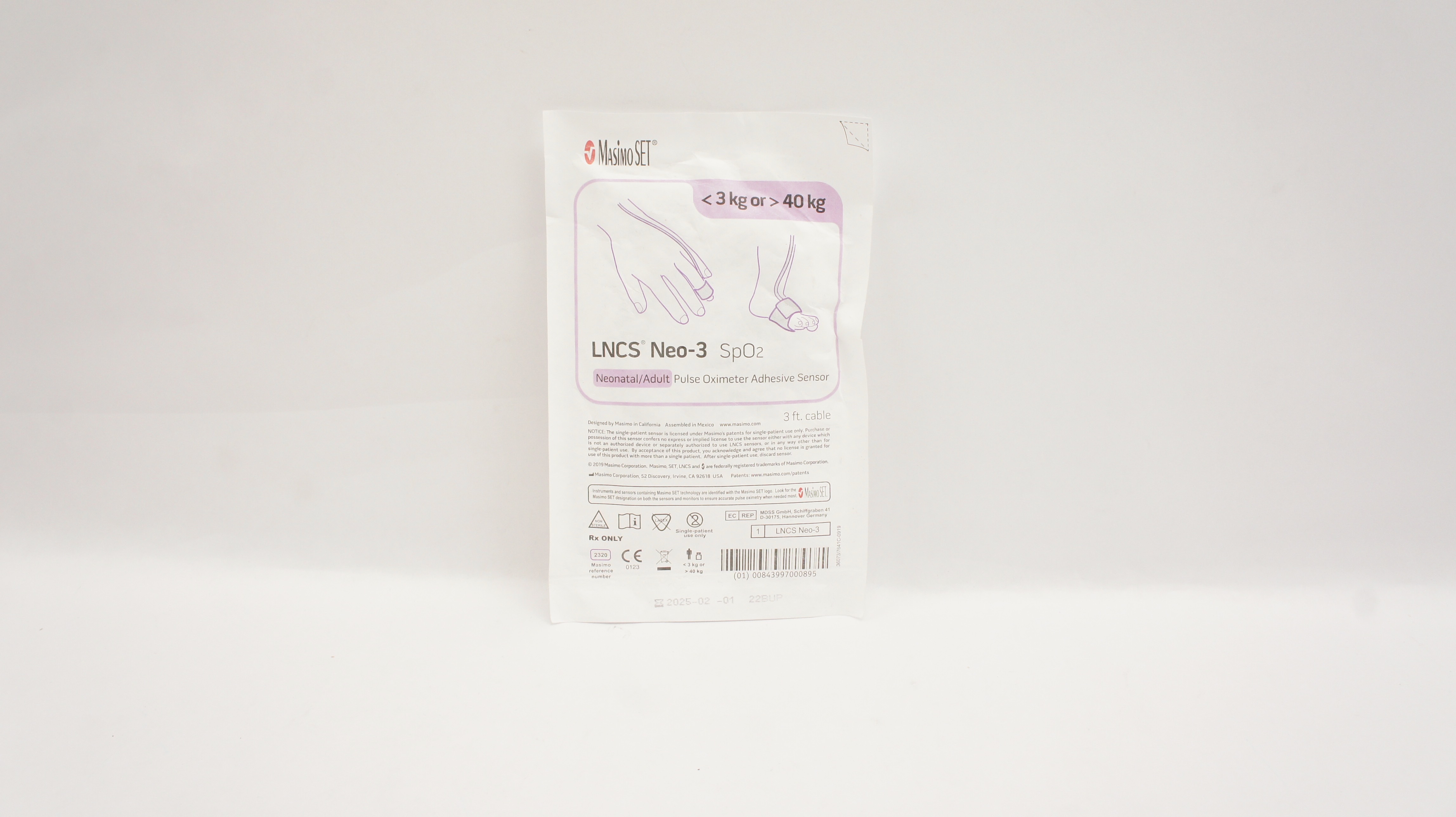 MasimoSet 2320 LNCS Neo-3 SpO₂ Pulse Oximeter Adhesive Sensor, <3kg or > 40kg