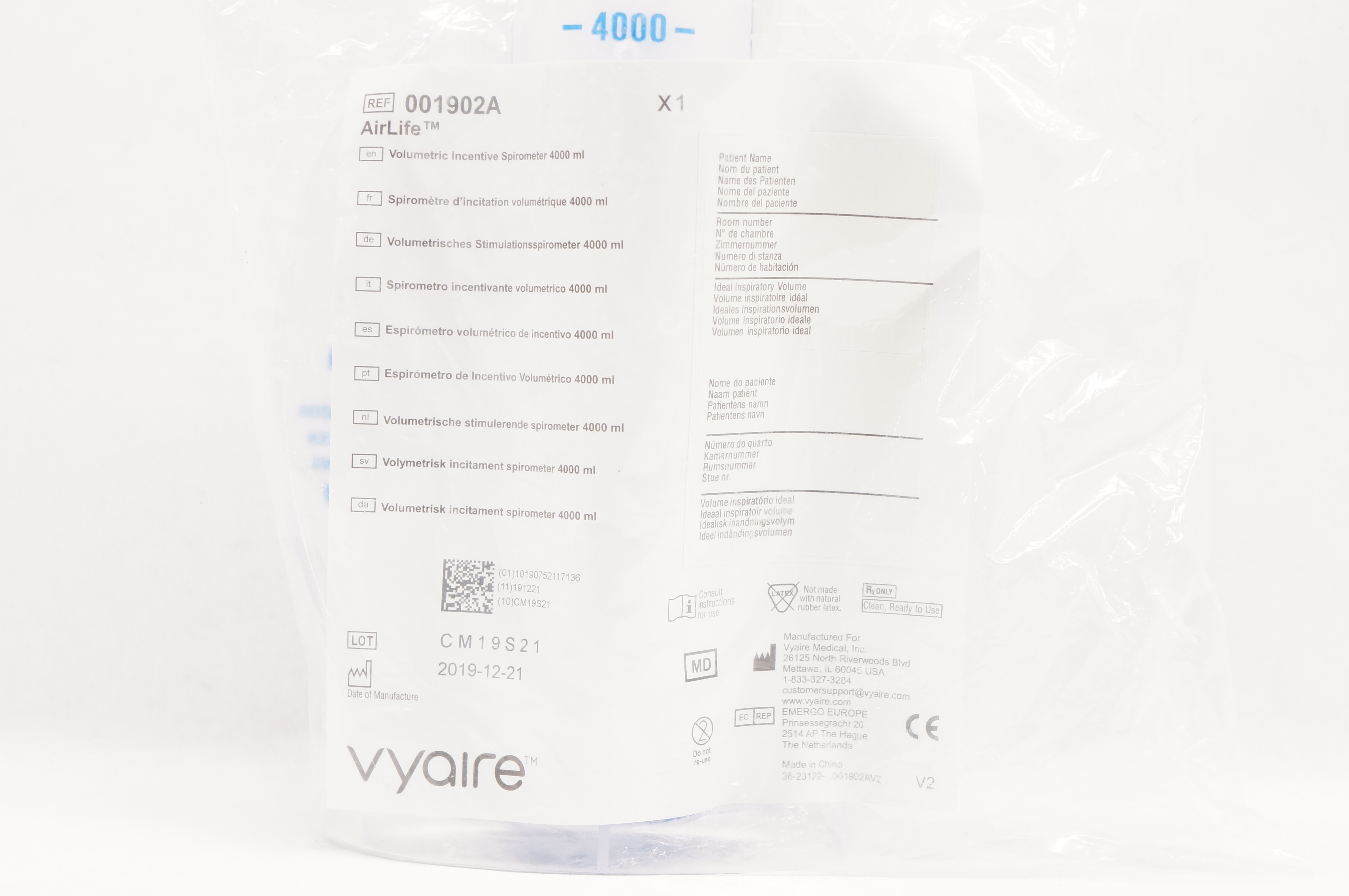 Vyaire 001902A AirLife Volumetric Incentive Spirometer 4000 ml