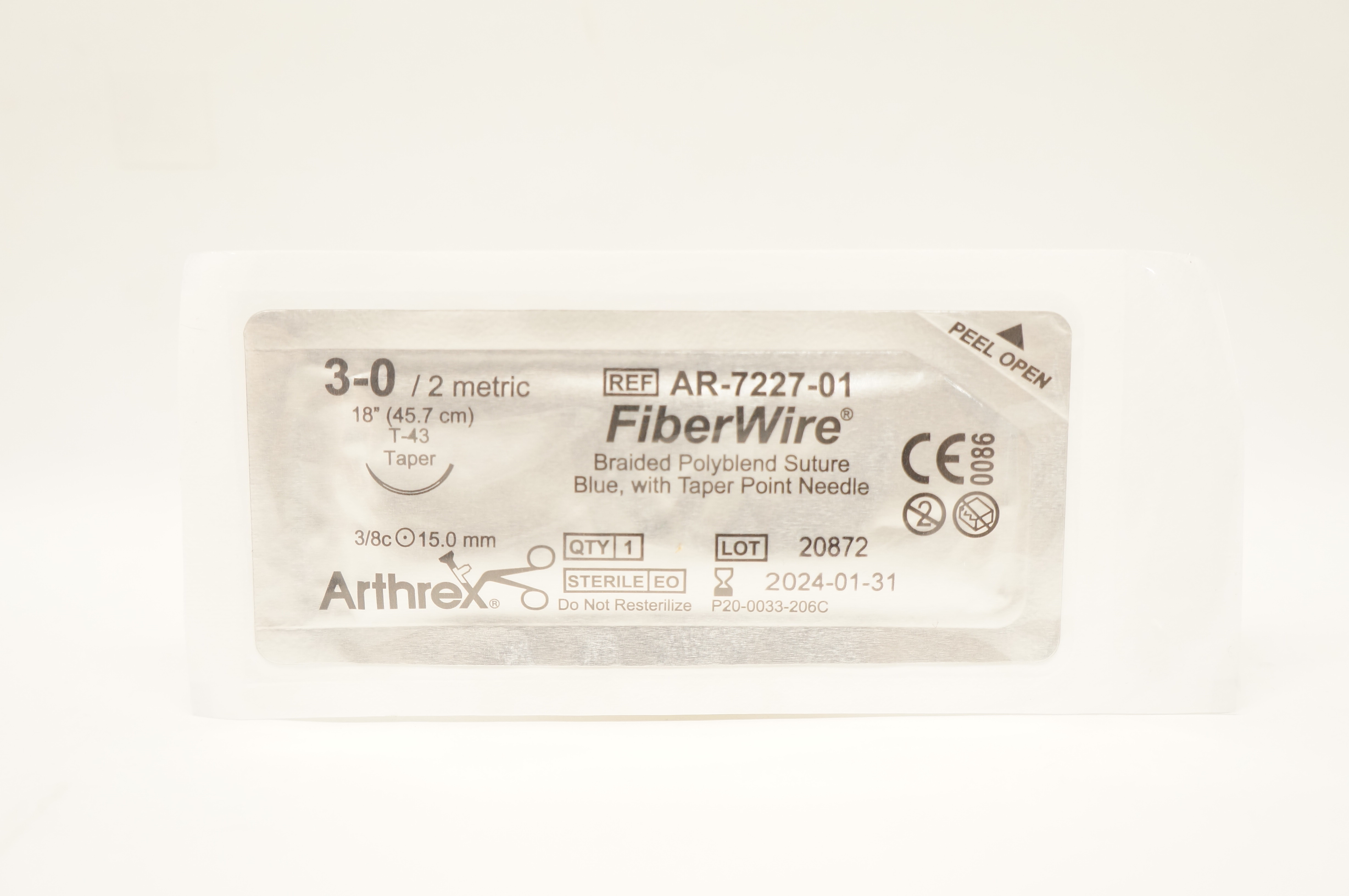 Arthrex AR-7227-01 3-0 FiberWire Braided Stre T-43 Taper 3/8 15.0 mm 18 inch