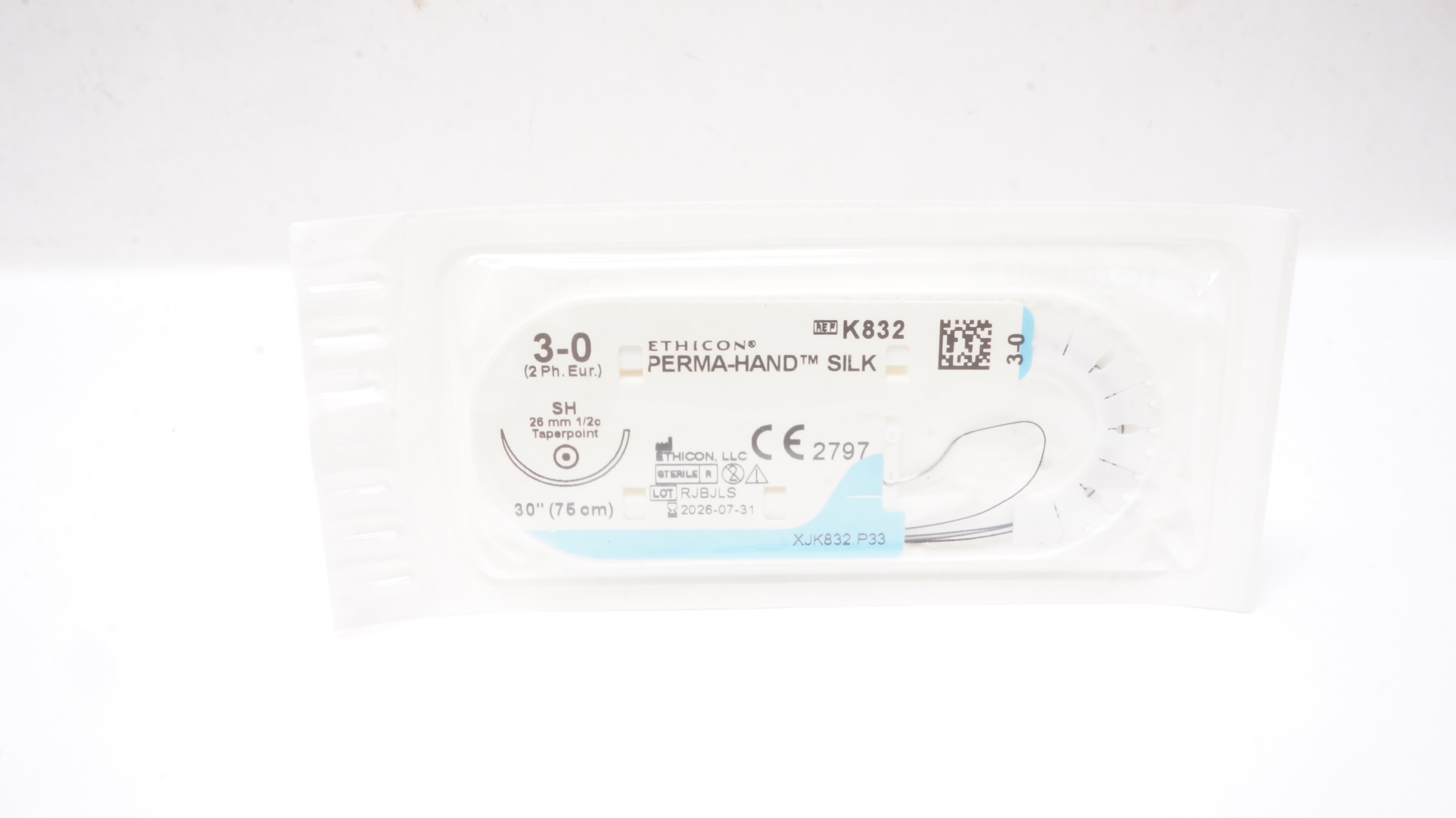 Ethicon K832 3-0 PERMA-HAND SILK Stre SH 26mm 1/2c Taperpoint, 30inch