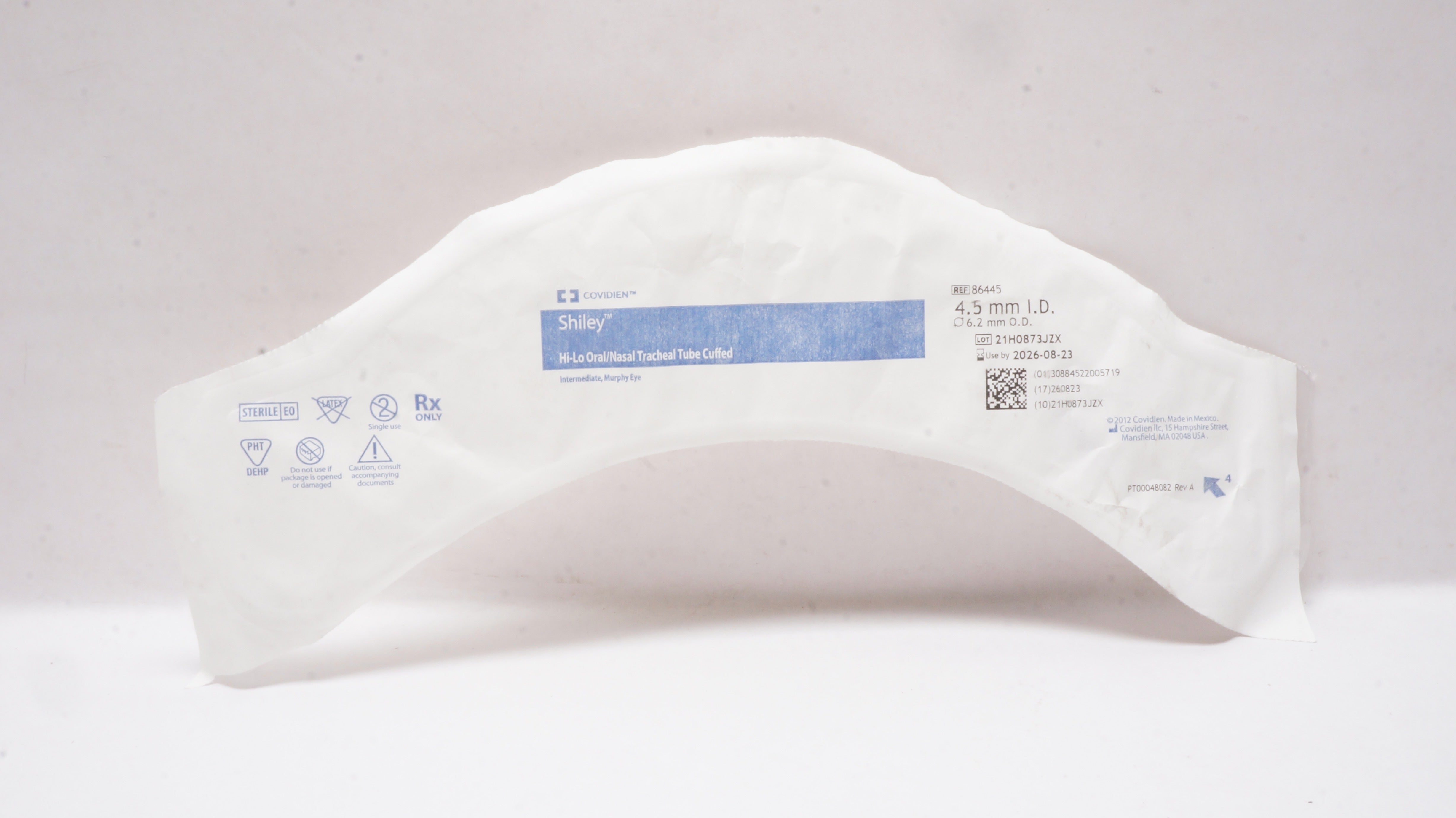 Covidien 86445 Shiley Hi-Lo Oral/Nasal Tracheal Tube Cuffed 4.5mm ID x 6.2mm OD